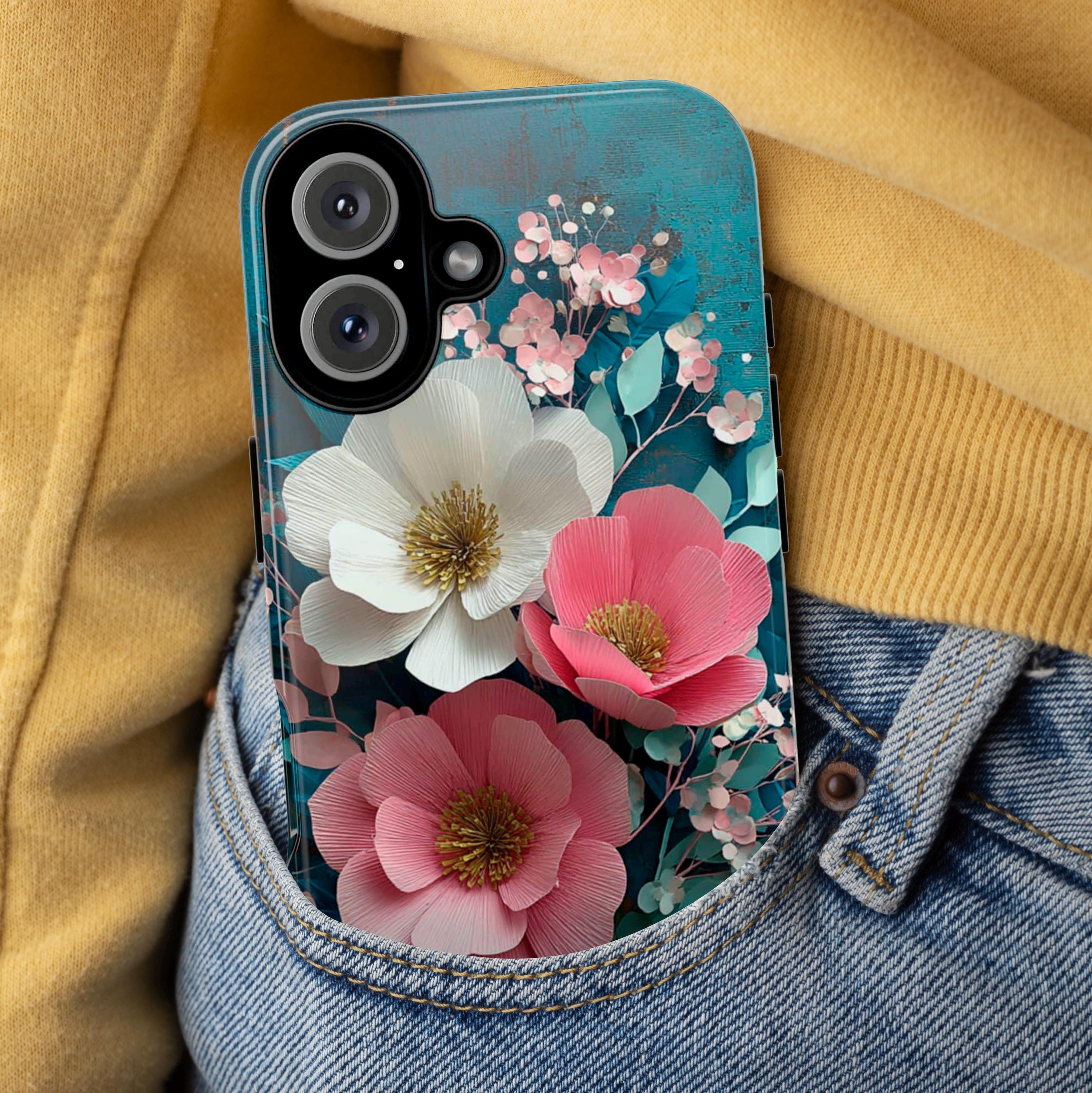 Rustic Paper Art Floral Phone Case with White & Pink Flowers, 3D Botanical Design for iPhone 16 15 14 13 Tough or Magsafe, Samsung, 470.16