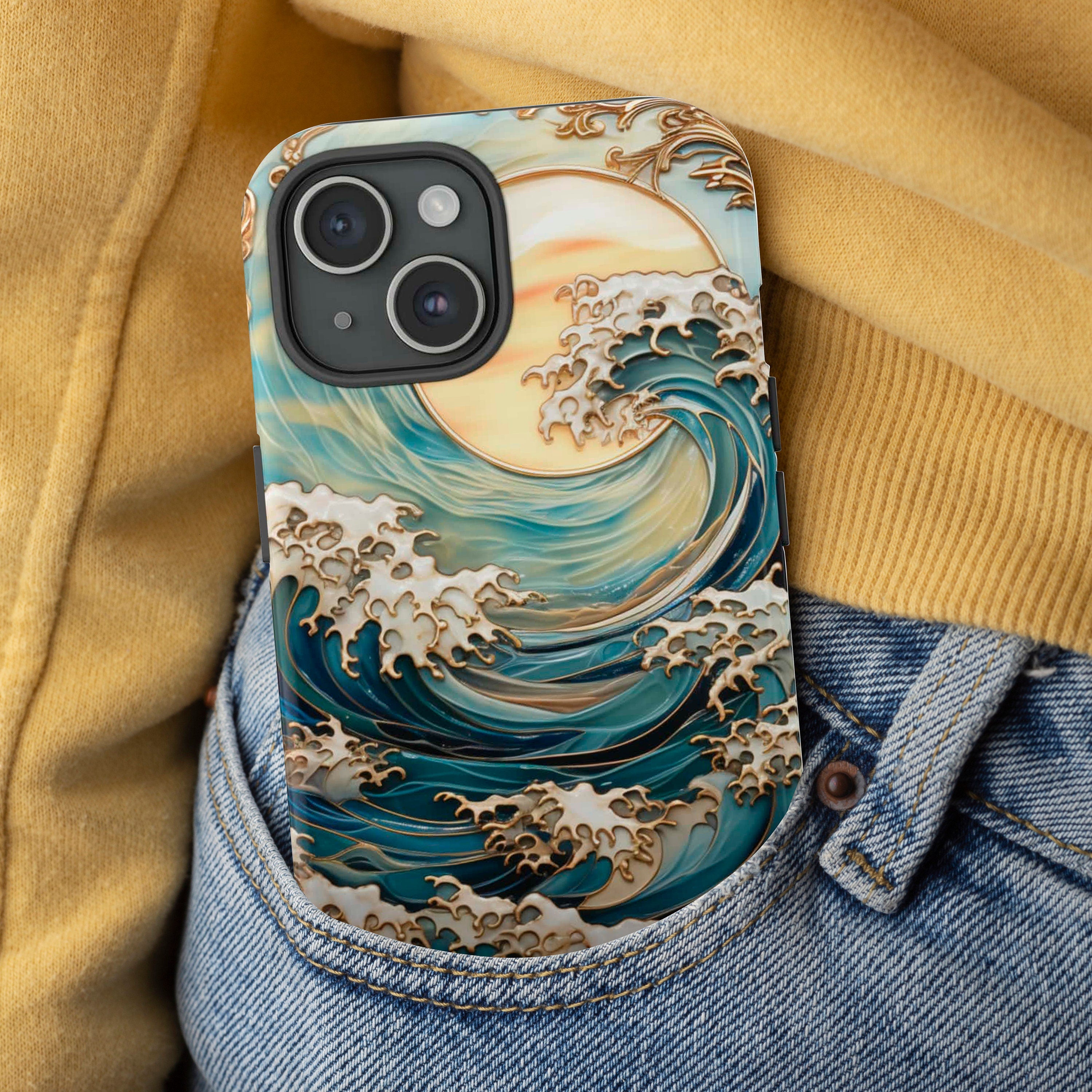 Ocean Waves & Sun Rays Stained Glass Design Illusion Print Tough Phone Case For iPhone 16 15 14 13 Tough or Magsafe, Galaxy S25, Pixel, 343