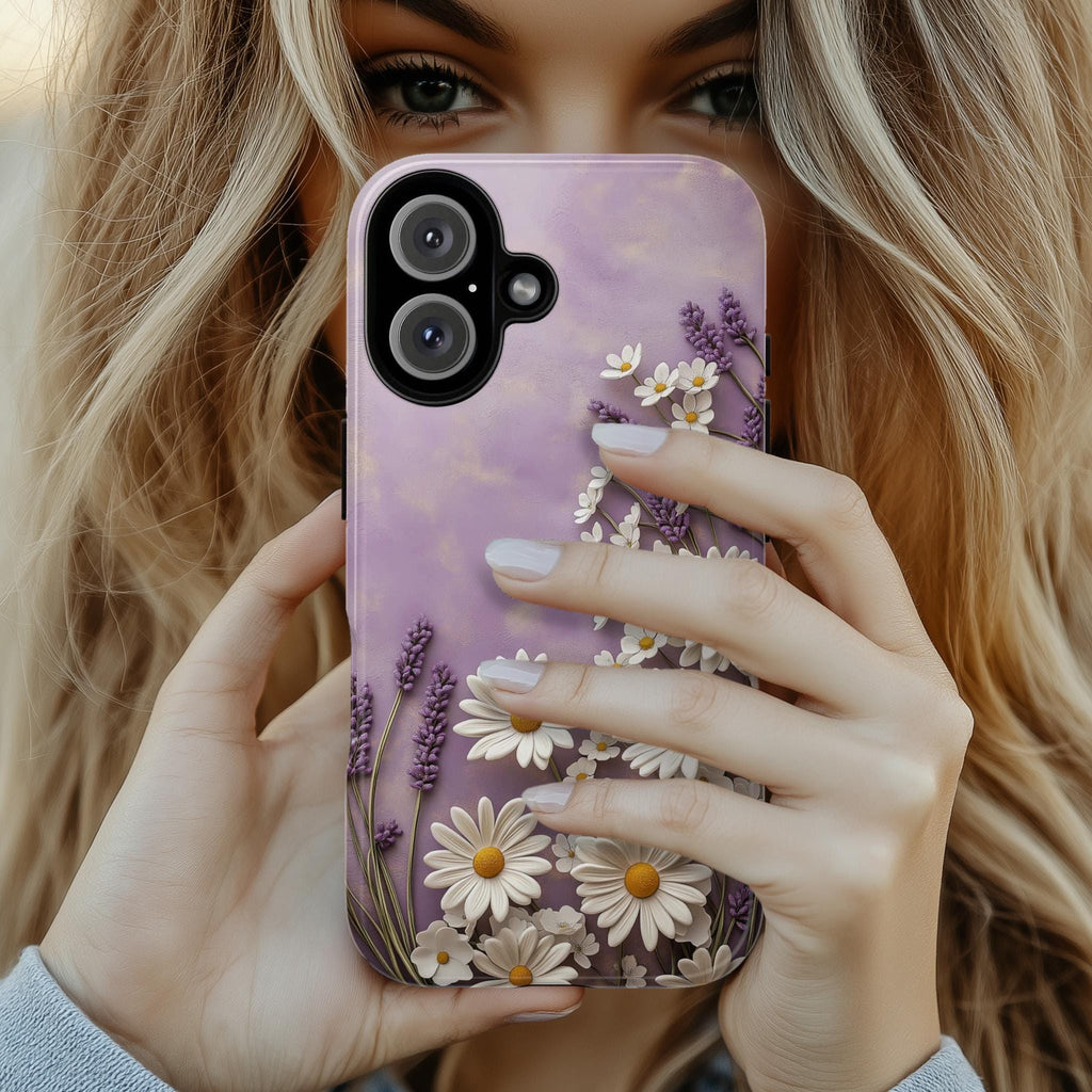 3D Floral Daisy and Lavender Phone Case, Pastel Purple Bloom Art Case for iPhone 16 15 14 13 Tough or Magsafe, Samsung S24, 439.19