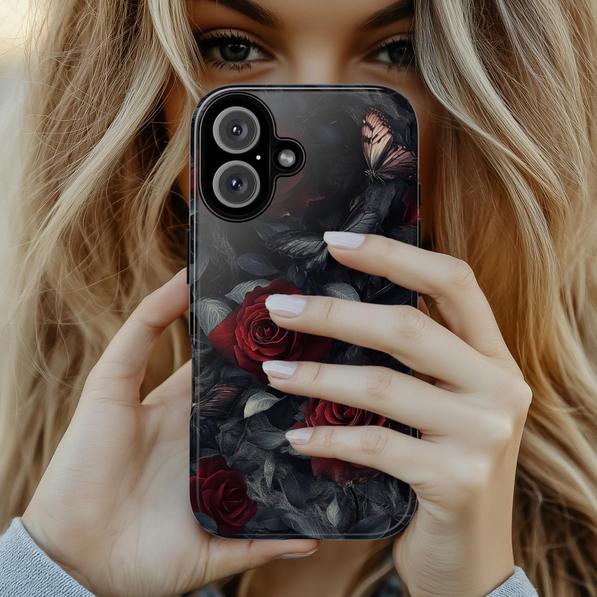 Dark Floral Red Rose Phone Case, Gothic Dark Academia Phone Case, Artistic Protective Phone Cover for iPhone Magsafe, Samsung, 422.4
