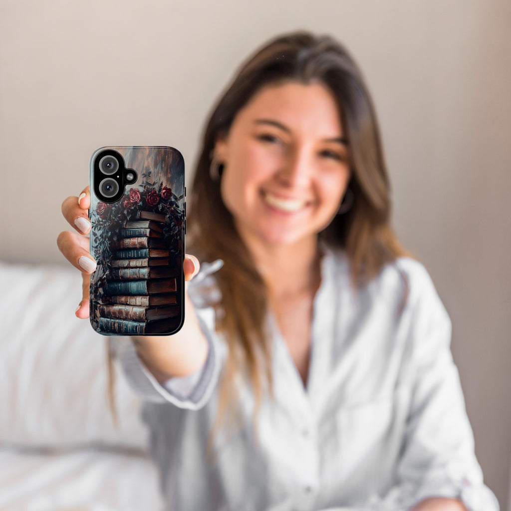 Dark Library Floral Phone Case, 3D Books and Flowers Case, Gothic Dark Academia for iPhone Magsafe 16, 15, 14, 13 & Samsung, Pixel 9, 423.18