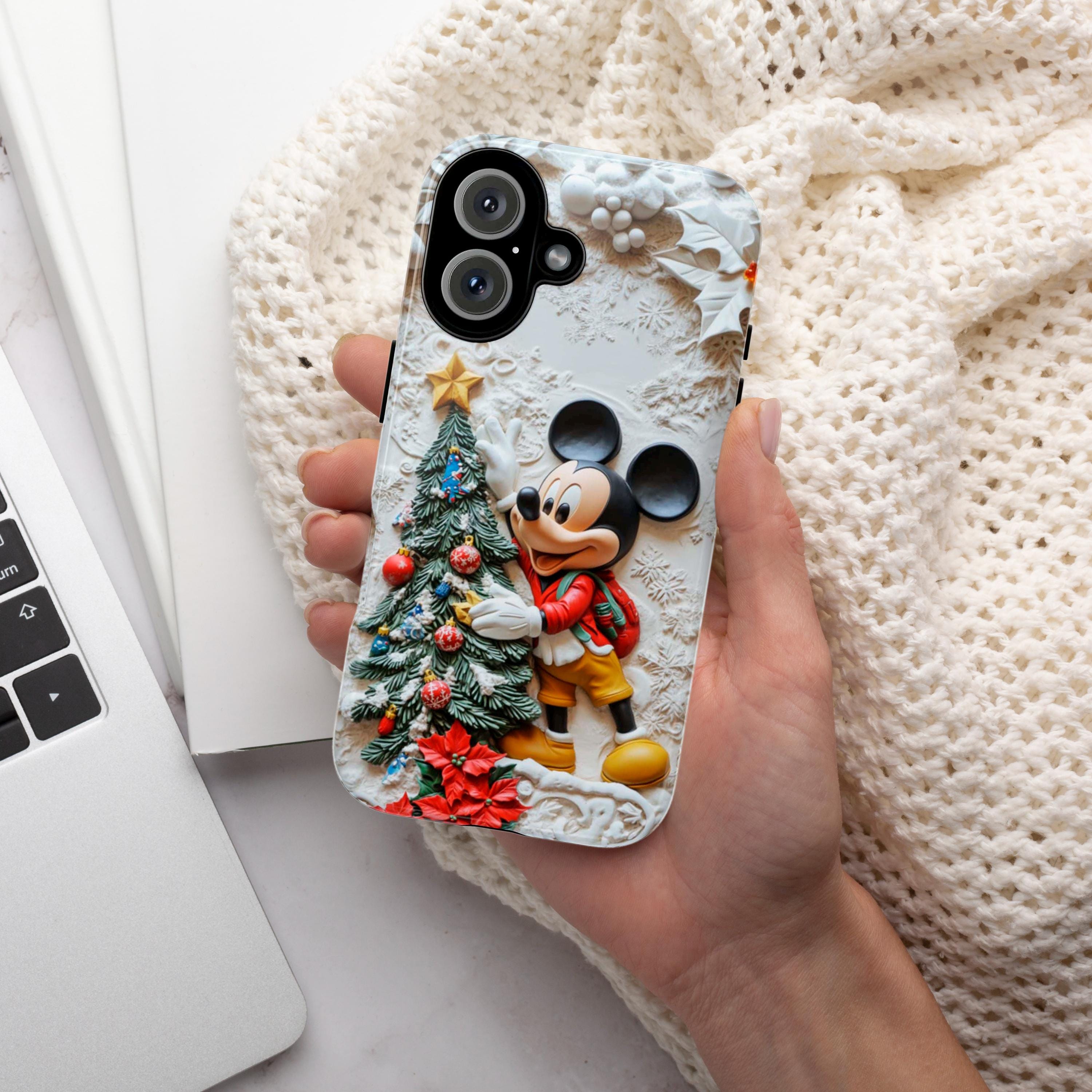 Xmas Mickey Mouse 3D effect Phone Case, Cartoon Design, Mickey Christmas Tree Phone Case for iPhone 16 15 Magsafe, Samsung S24, 442.12