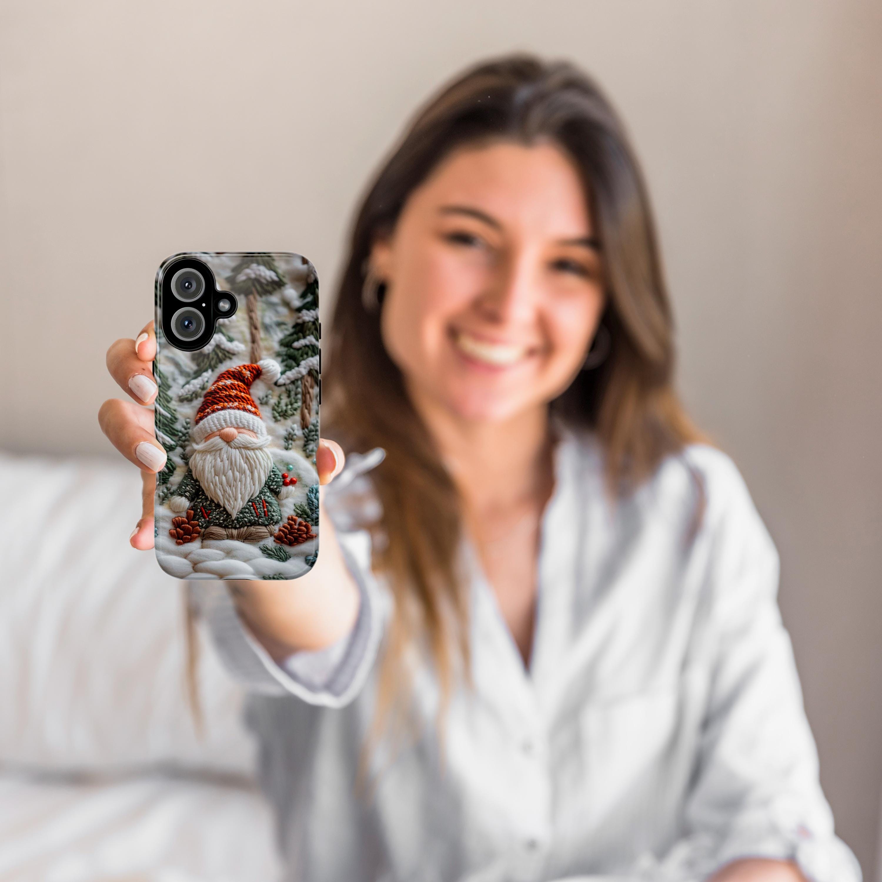 Winter Gnome Embroidery MagSafe Phone Case, Cozy Winter Design with Snowy Forest Phone 15 14 13 12 Pro Max Plus / Samsung S24, 444.9