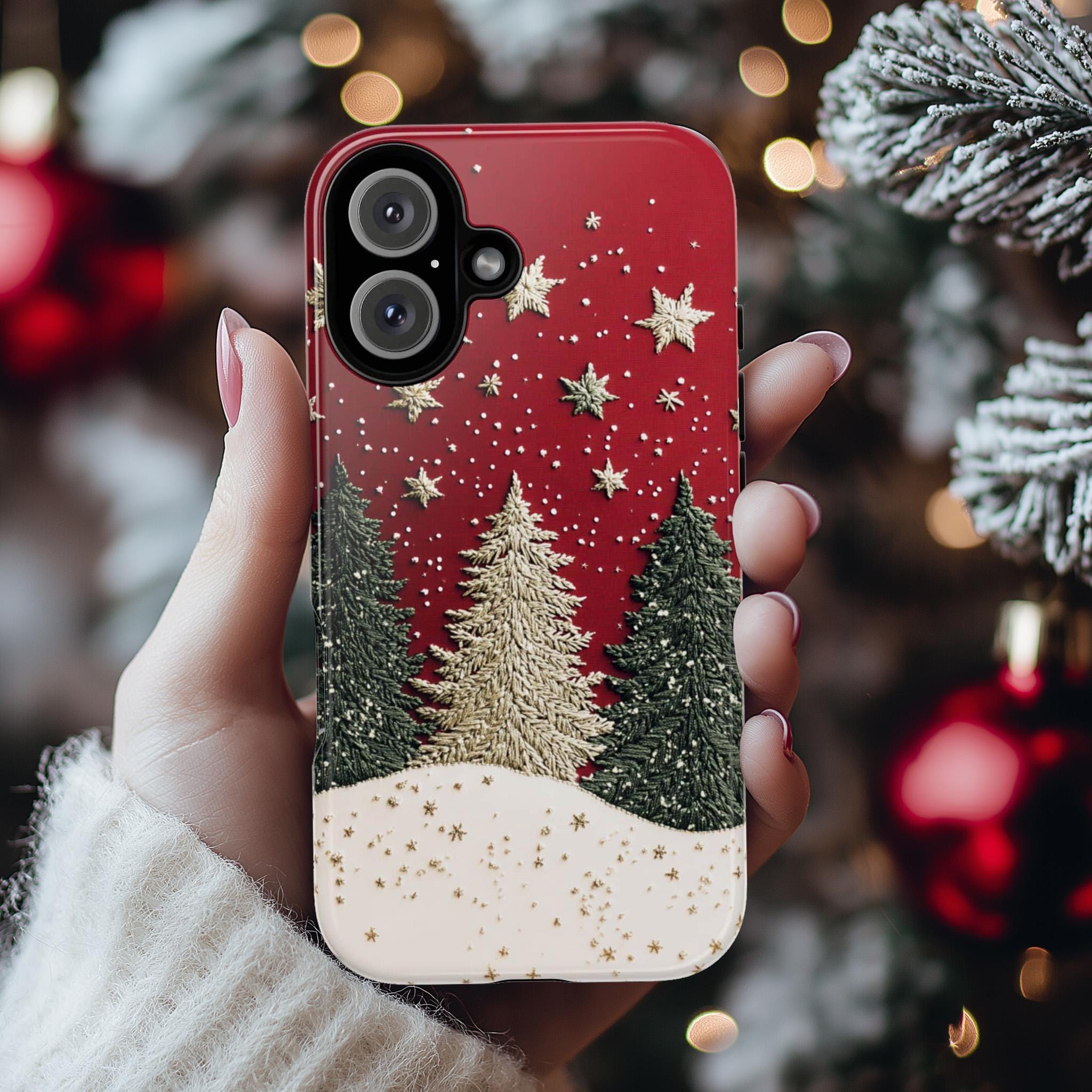 Christmas Tree & Star 3D Winter Phone Case, Embroidered Festive Holiday Phone Cover for iPhone 16 15 14 13 Magsafe Plus, Samsung S24, 444.1