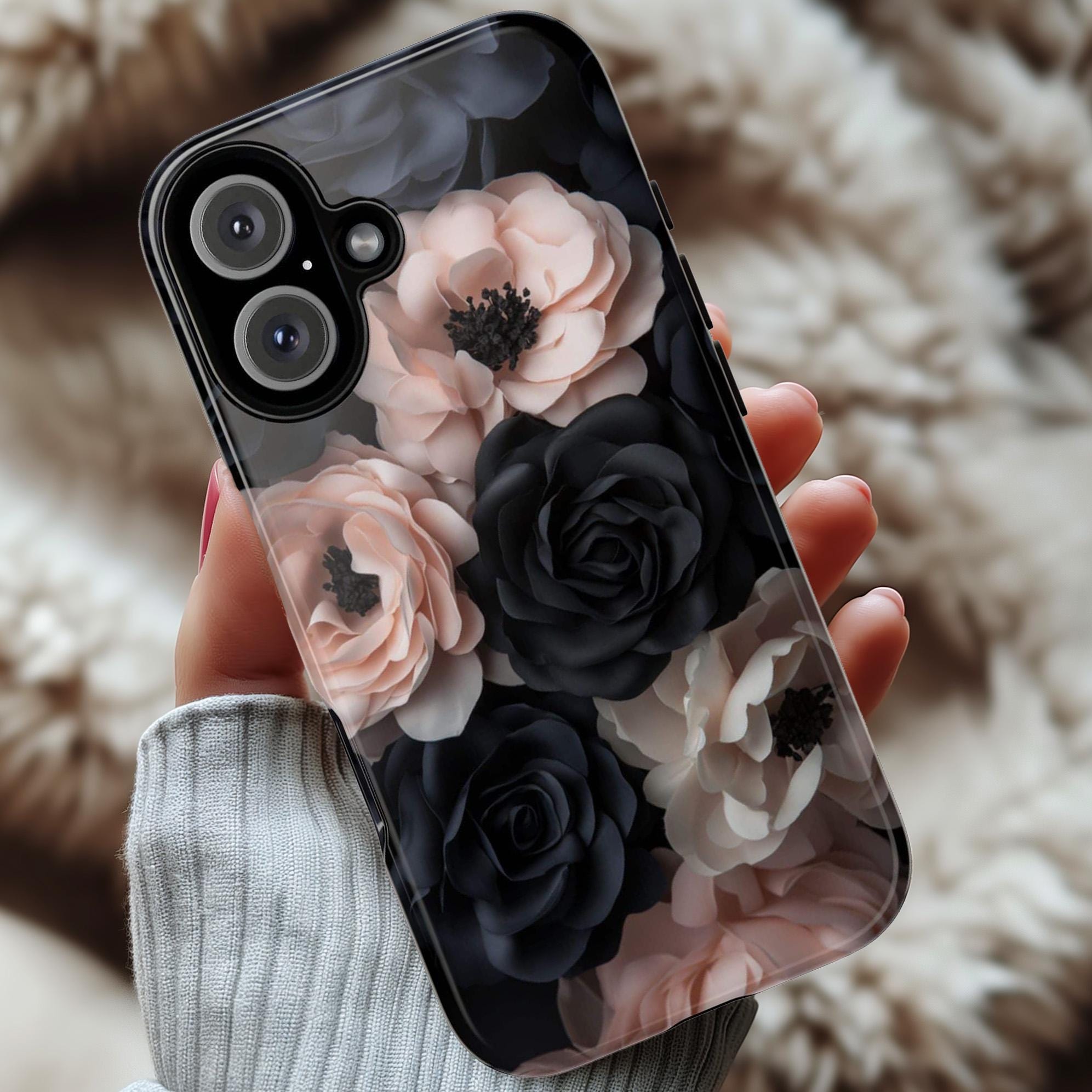 Elegant Pink and Black Roses Phone Case | Dark Gothic Floral Case, Romantic Vintage Cover for iPhone 16 15 Tough or Magsafe, Samsung, 428.20