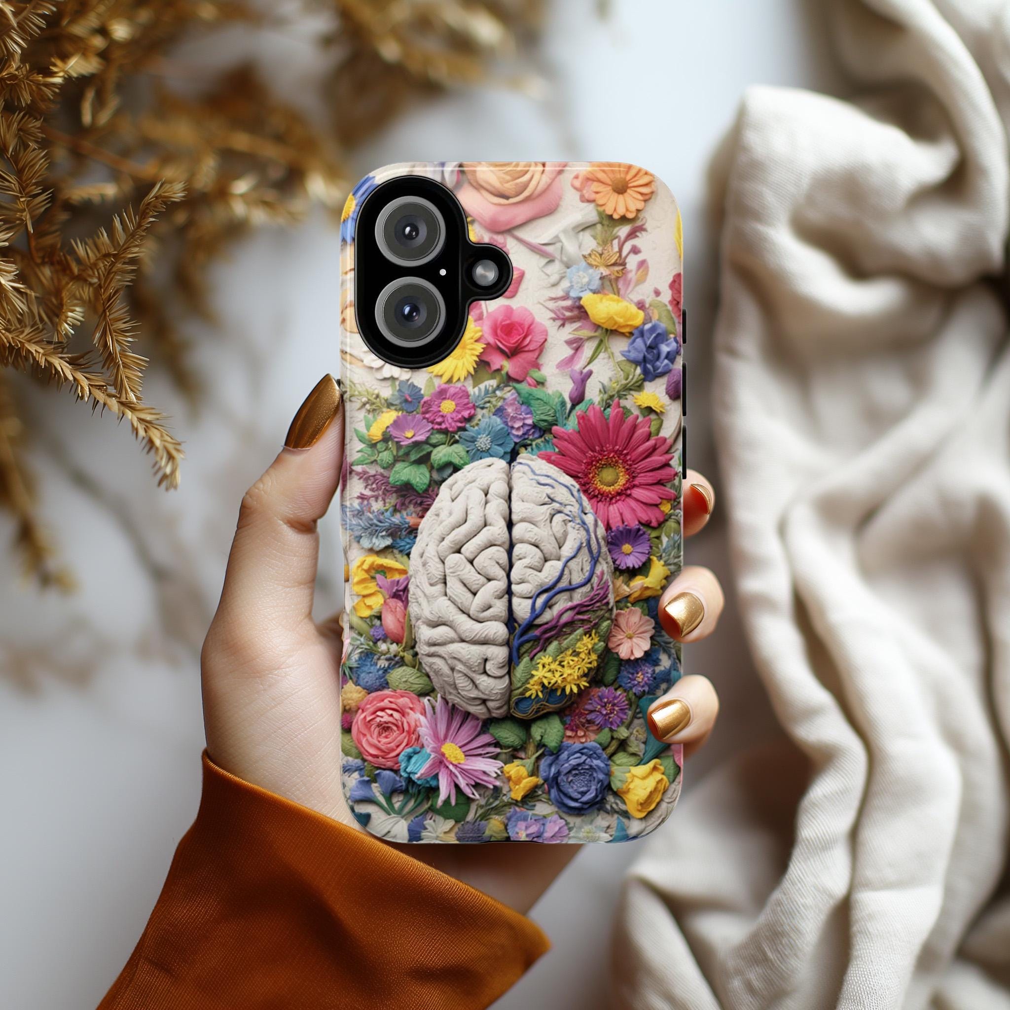 Pastel Anatomical Brain Phone Case, Botanical Meadow Florals | Medical Science Art Case for iPhone 17 16 Tough or Magsafe, Samsung, 430.5