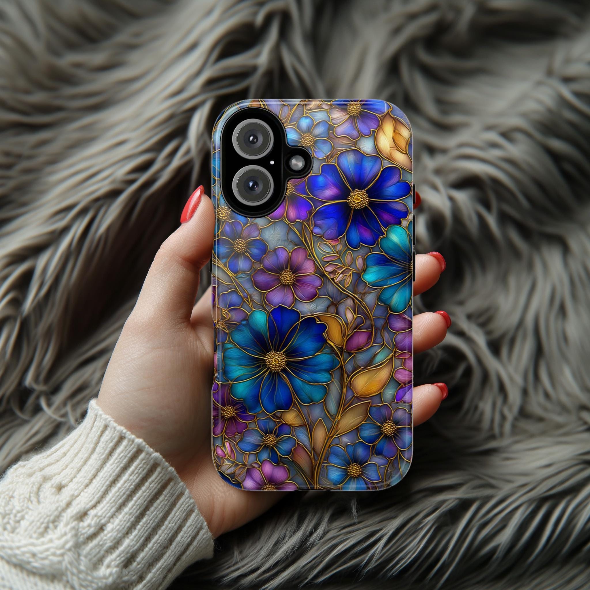 Stained Glass Effect Phone Case with Colorful Floral Design and Gold Accents, Vibrant Artistic Flower Cover for iPhone & Samsung, 478.3