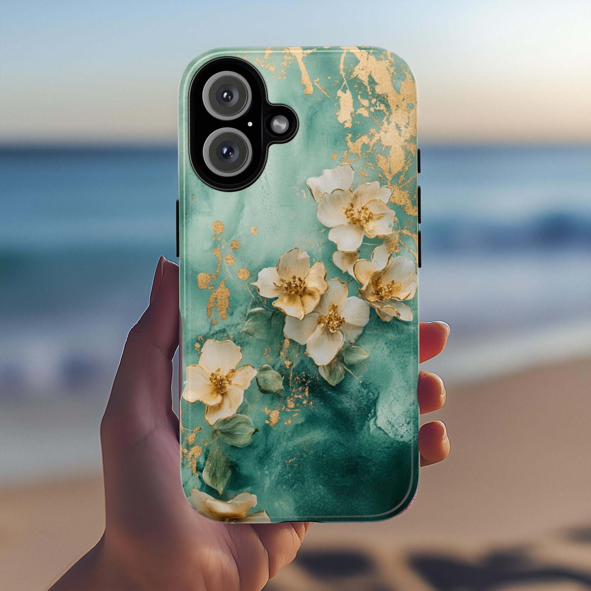 Pastel Golden Flowers Art Phone Case, Glitter Floral Design, Romantic Blossom Phone Cover for iPhone 16 15 Pro Max Plus, Samsung S24, 436.3