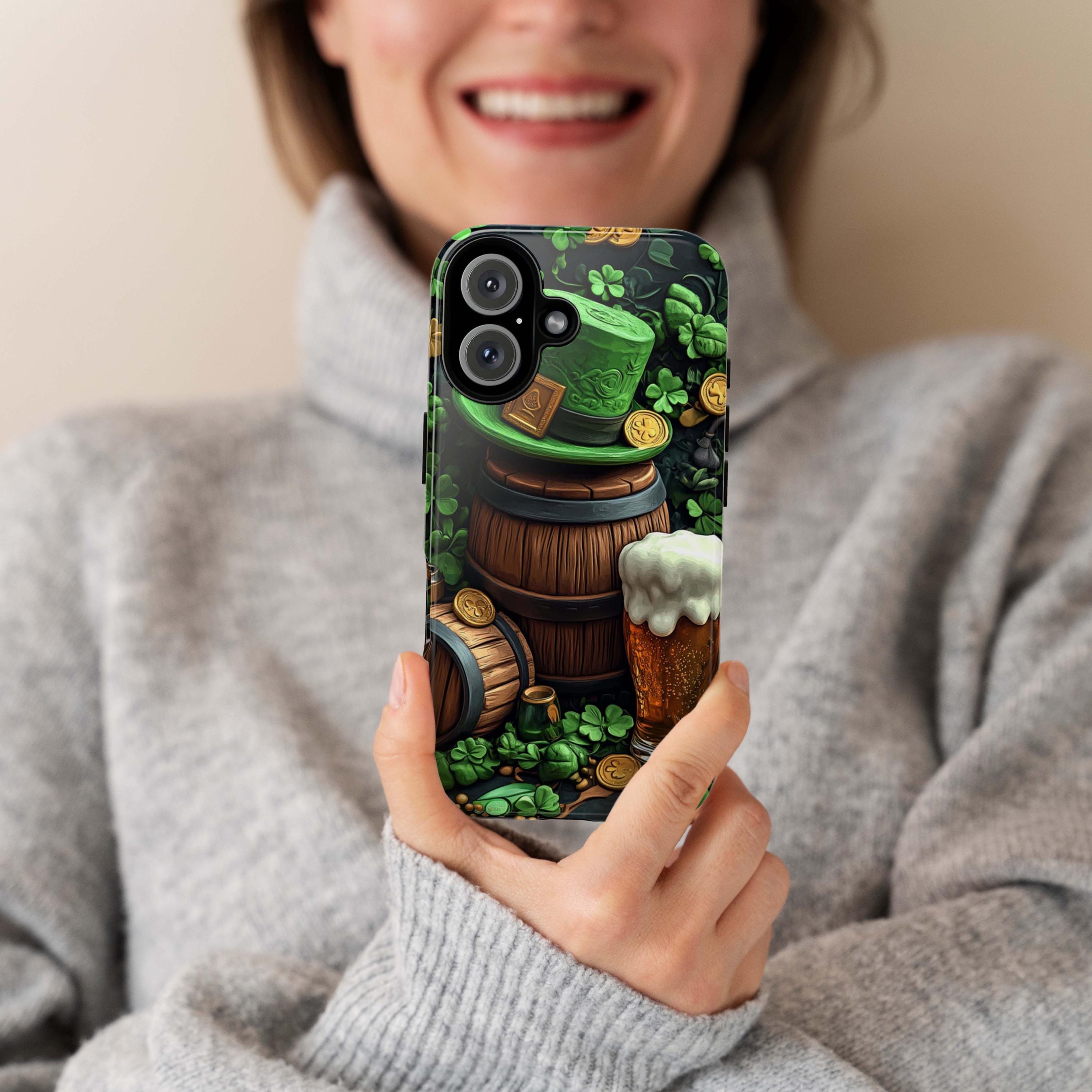 St. Patrick's Day Phone Case with Lucky Shamrocks and Cheerful Beer, Lucky Irish Inspired Cover for iPhone 16, 15, Samsung Galaxy S24, 457.3
