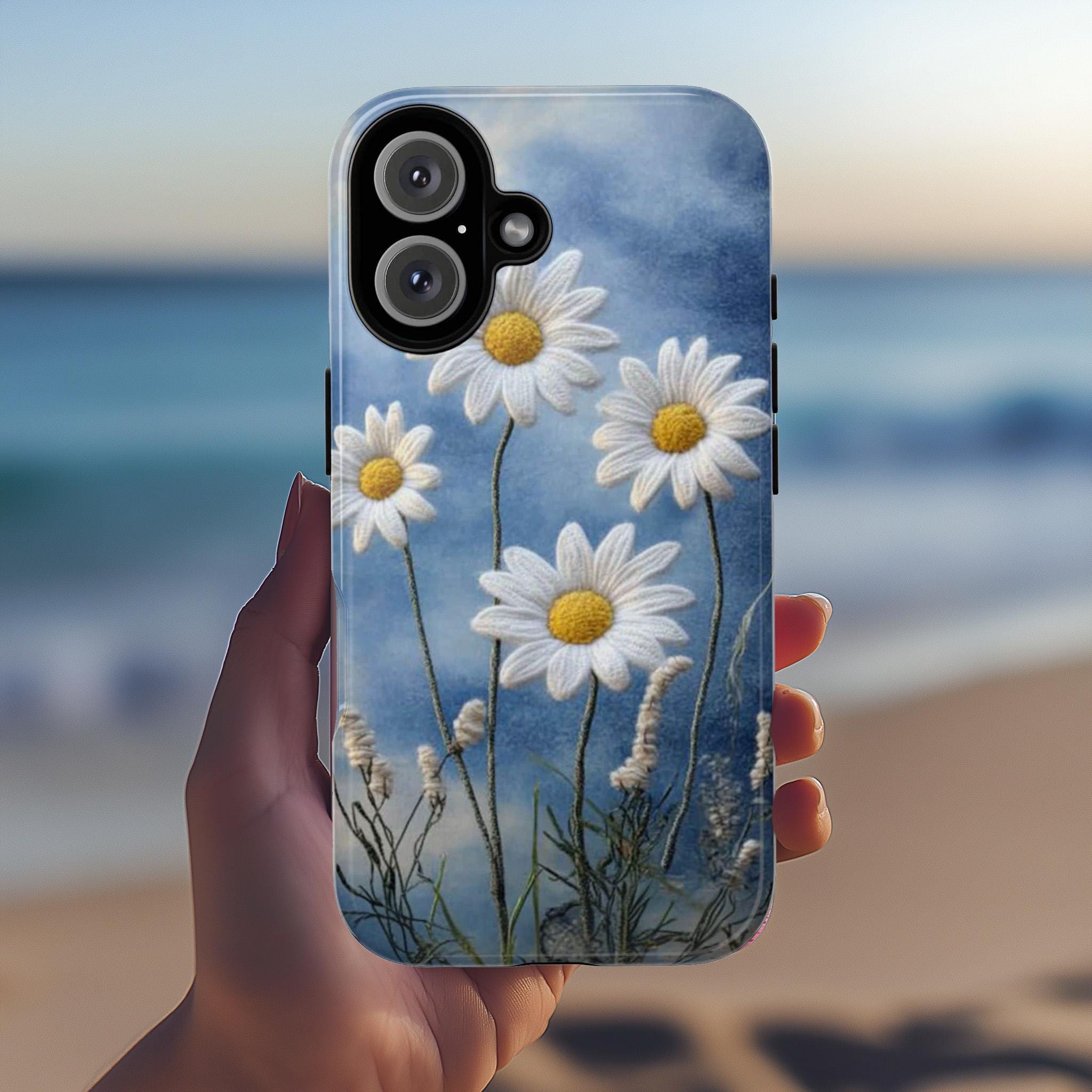 Daisy Botanical Floral Phone Case, 3D Felt Textured White Floral Phone Case for iPhone 16 15 14 13 Tough or Magsafe, Samsung, 476.1