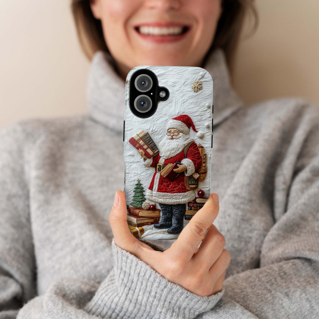 Holiday Santa & Books 3D Embroidered effect Phone Case, Winter Festive Design for iPhone 16 15 14 13 Magsafe Plus, Samsung S24, 444.7