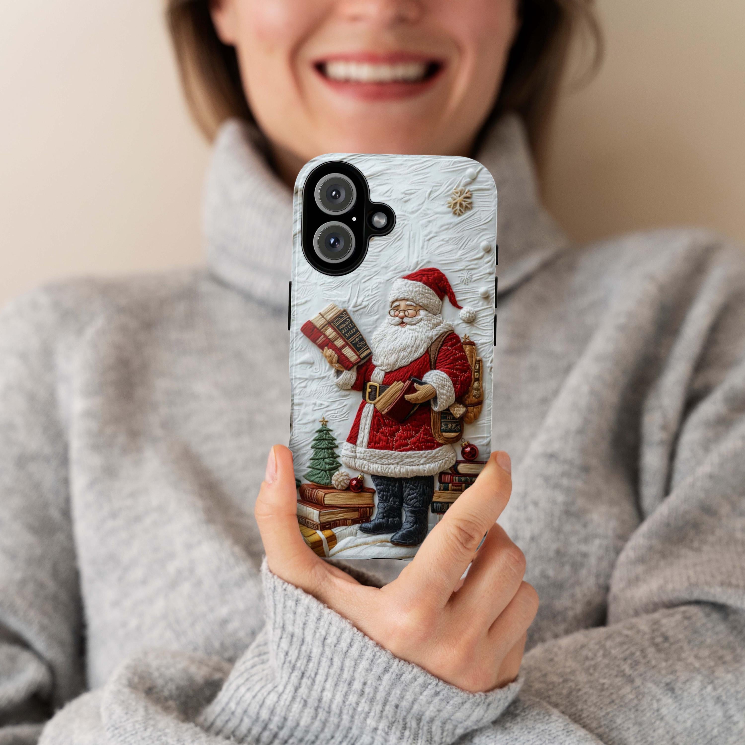 Holiday Santa & Books 3D Embroidered effect Phone Case, Winter Festive Design for iPhone 16 15 14 13 Magsafe Plus, Samsung S24, 444.7