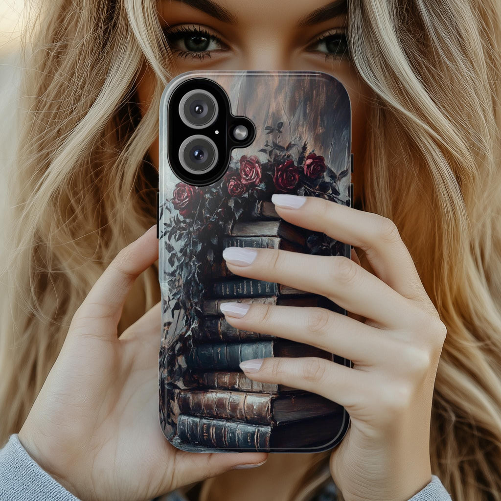 Dark Library Floral Phone Case, 3D Books and Flowers Case, Gothic Dark Academia for iPhone Magsafe 16, 15, 14, 13 & Samsung, Pixel 9, 423.18