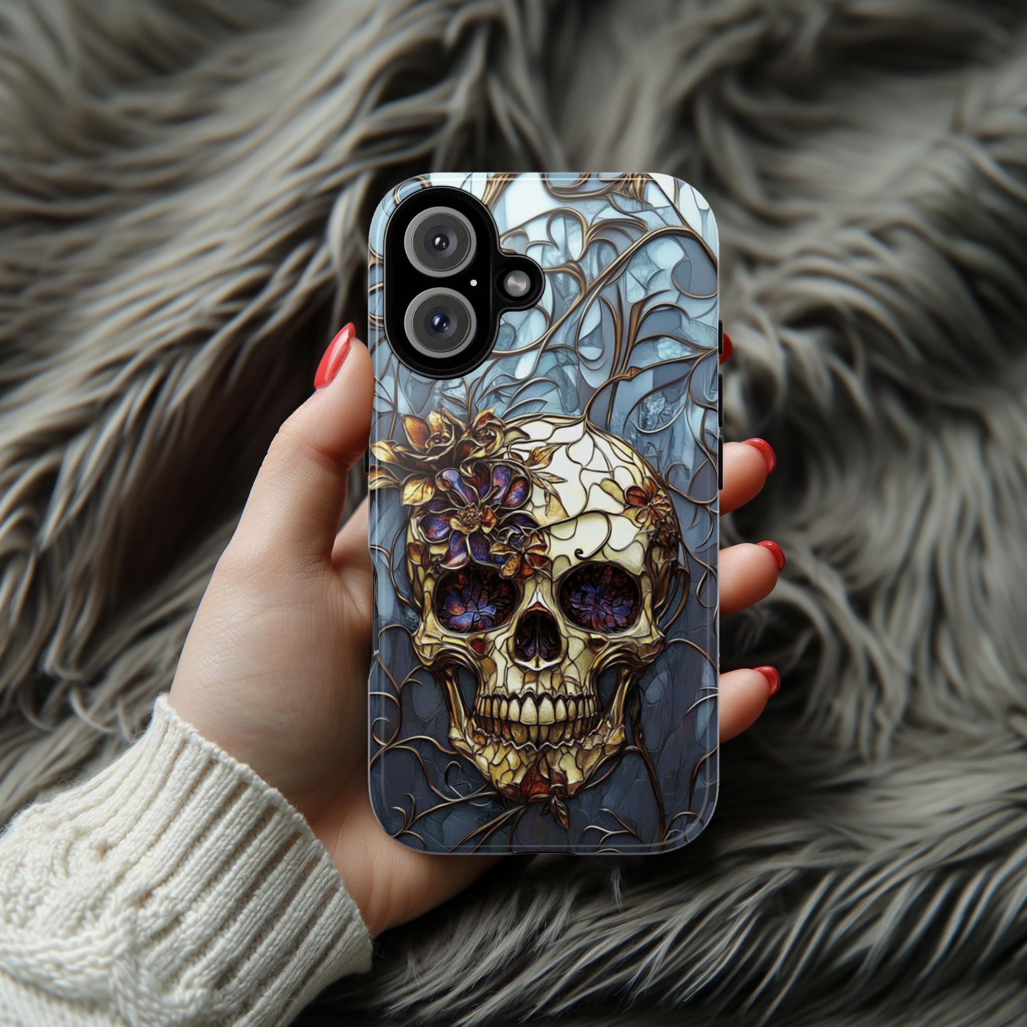 Stained Glass Dark Gothic Skull & Floral Phone Case, Dark Fantasy Art Design Phone Case for iPhone 16, Samsung S25, Pixel 9, 465.4