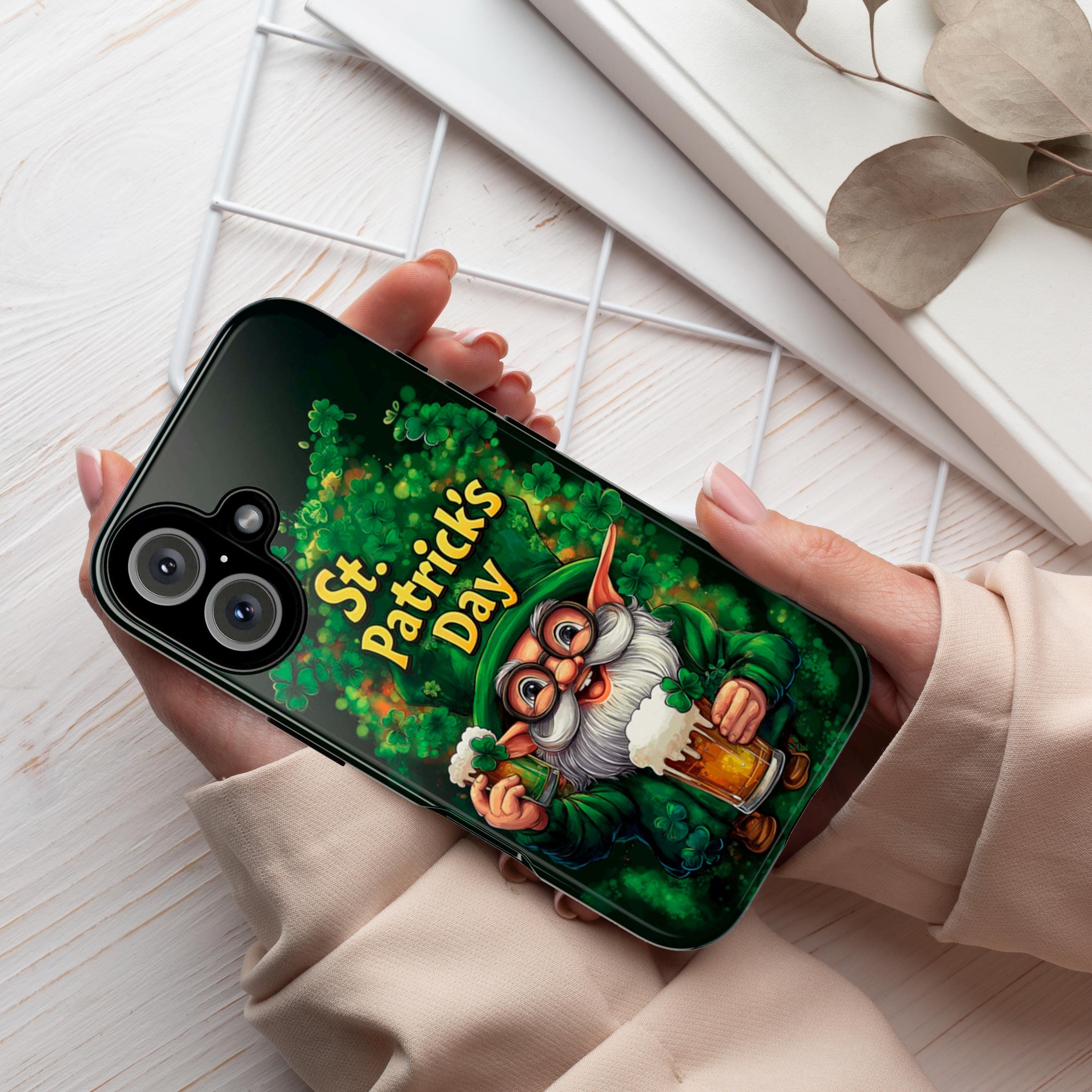 St. Patrick's Day Phone Case with Cute Gnome and Shamrocks, Lucky Irish Inspired Cover for iPhone 16, 15, Samsung Galaxy S24, 457.2