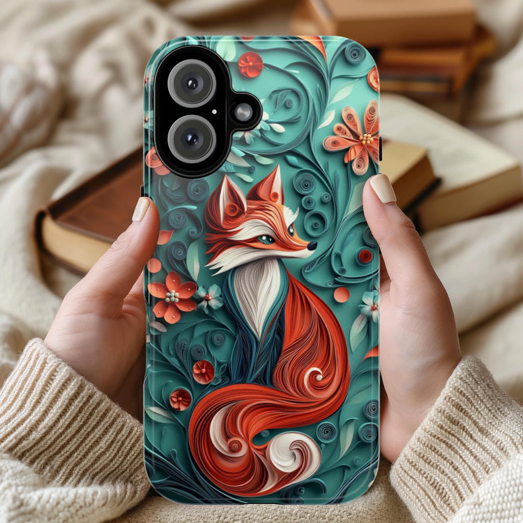 3D Fox and Floral Paper Art Phone Case, 3D effect Forest Phone Cove, Artistic Woodland Style Cover for iPhone Tough or MagSafe, 470.9