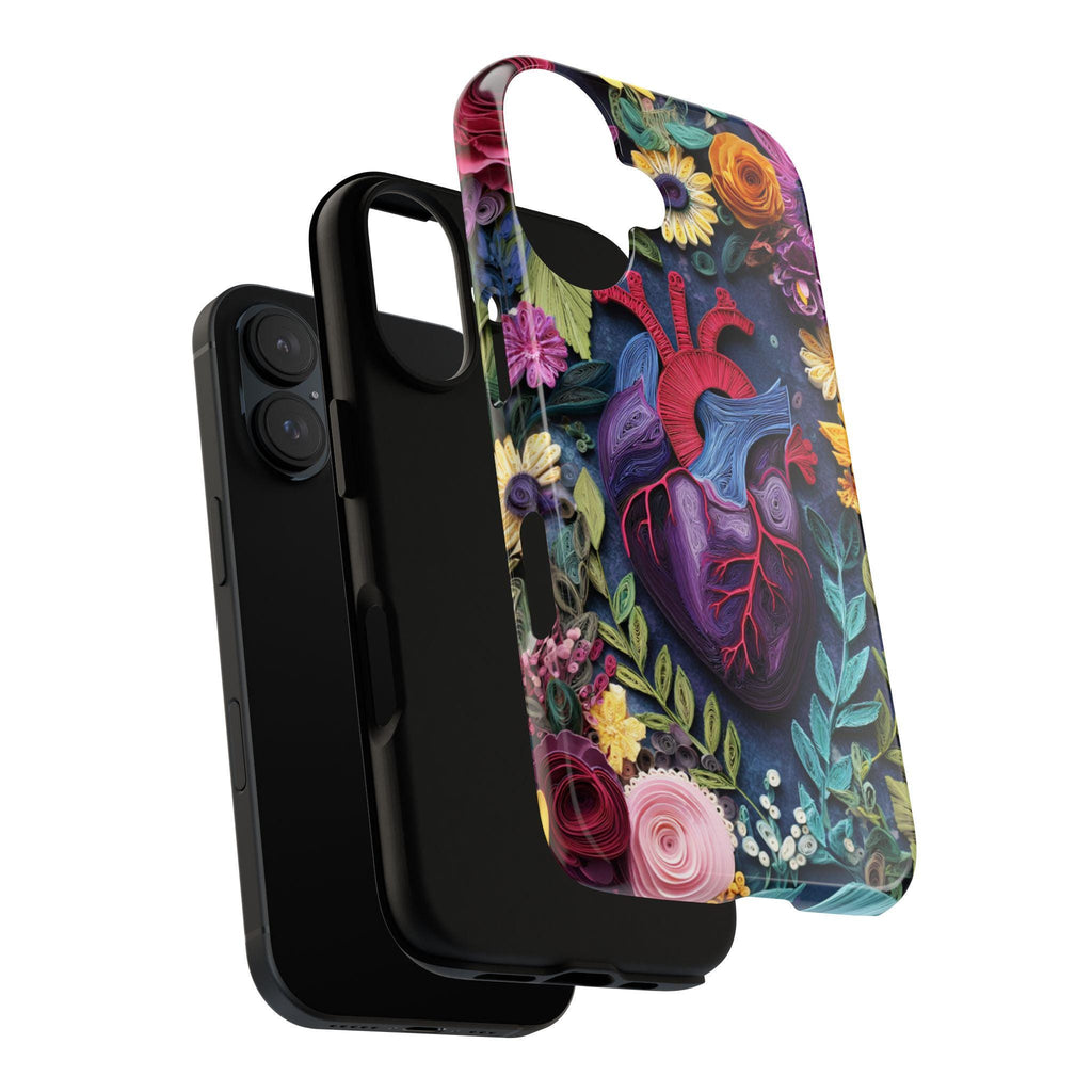 Anatomy Heart & Floral Quilling Paper Art 3D Phone Case, Artistic Nature Cover for iPhone 16 15 14 Tough or Magsafe, Samsung, 470.18