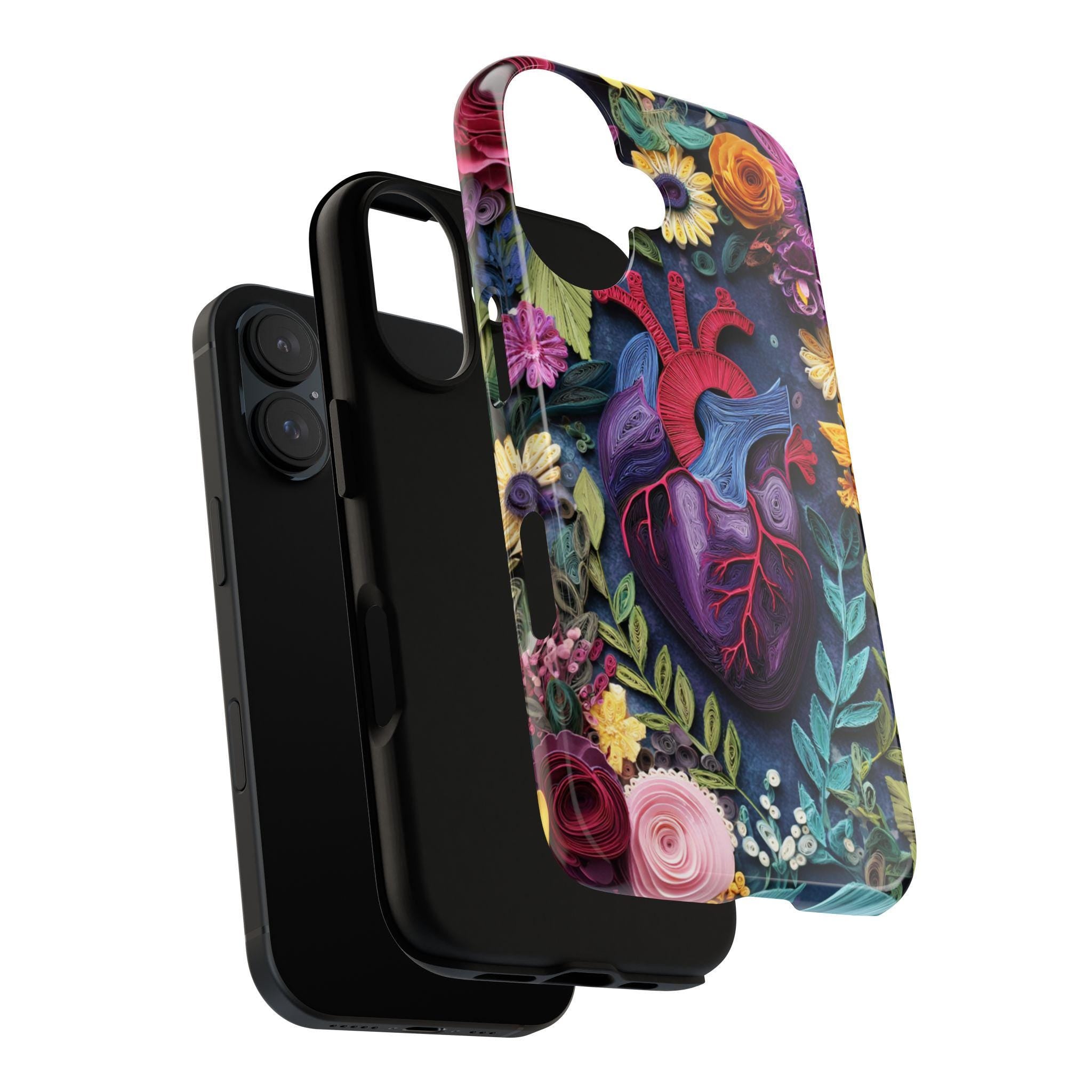 Anatomy Heart & Floral Quilling Paper Art 3D Phone Case, Artistic Nature Cover for iPhone 16 15 14 Tough or Magsafe, Samsung, 470.18