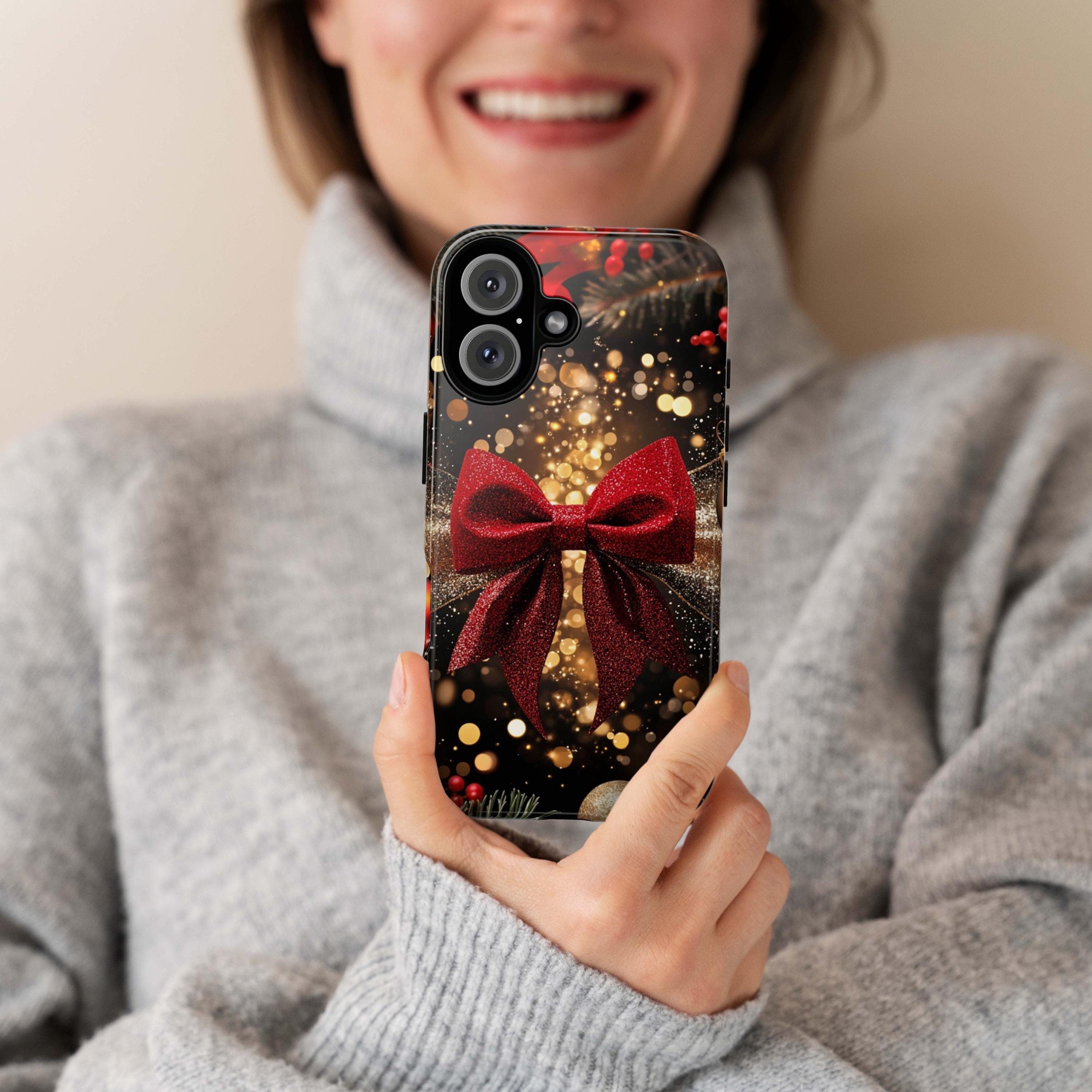 New Year's Eve party Phone Case | Red Gold Glitter Bow Phone Cover, Luxury Bow for iPhone 16 15 14 13 Magsafe of Tough Case, Samsung, 437.6