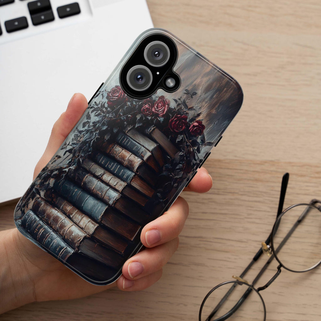 Dark Library Floral Phone Case, 3D Books and Flowers Case, Gothic Dark Academia for iPhone Magsafe 16, 15, 14, 13 & Samsung, Pixel 9, 423.18