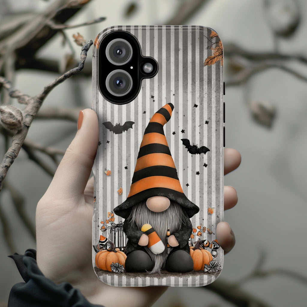 Cozy Fall Gnome Phone Case, Halloween Design Phone Case, Autumn Pumpkins & Bats Cover for iPhone 17 16 15 Tough or Magsafe, Samsung, 480.3