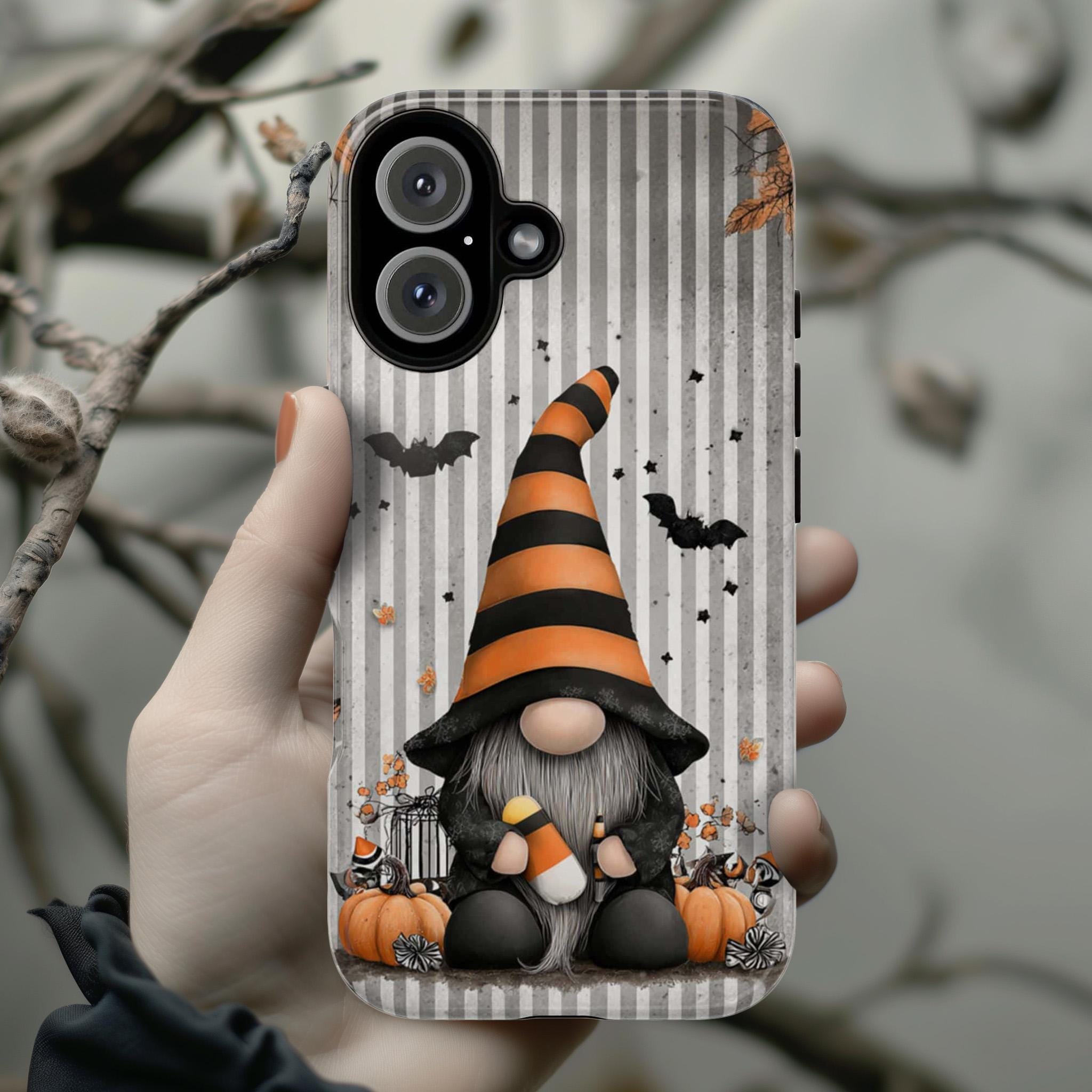 Cozy Fall Gnome Phone Case, Halloween Design Phone Case, Autumn Pumpkins & Bats Cover for iPhone 17 16 15 Tough or Magsafe, Samsung, 480.3