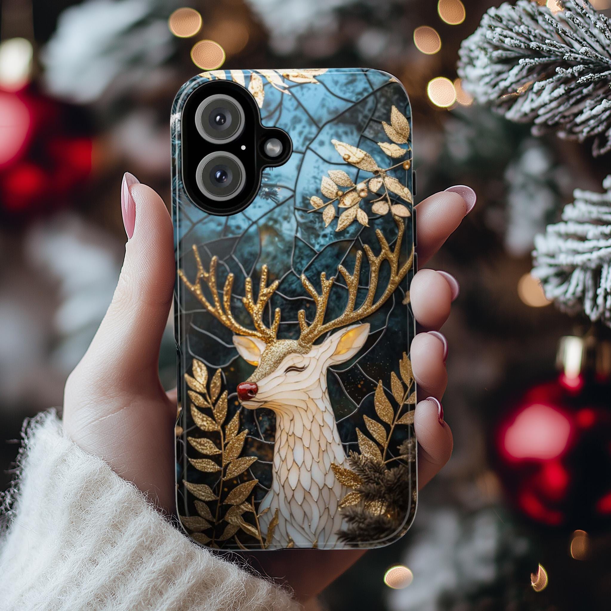 Cozy Stained Glass Reindeer Christmas Phone Case, Gold Silver Xmas MagSafe for iPhone 16 15 14 13 Pro Max Plus, Samsung S24 Ultra, 420.13