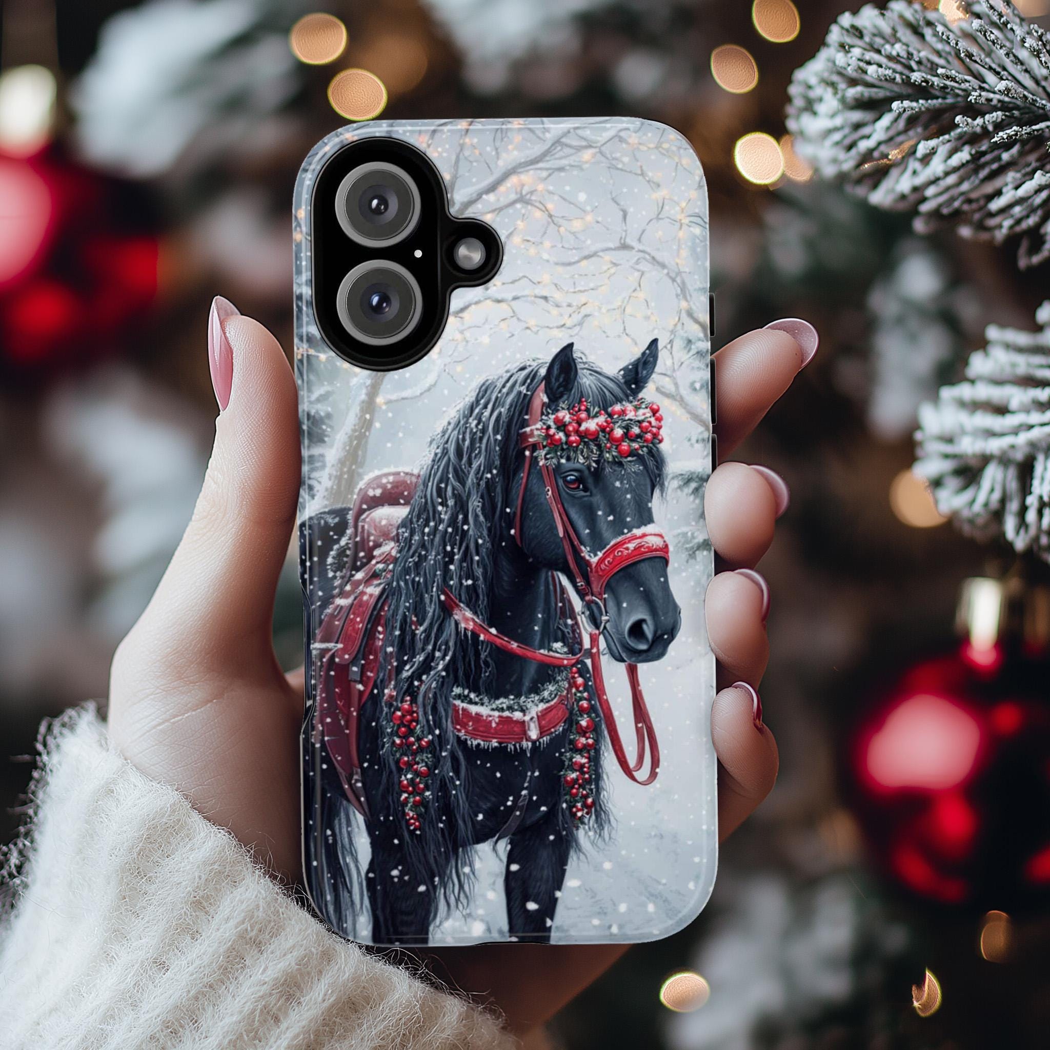 Black Horse Red Harness & Winter Forest Phone Case, Festive Christmas Cover for Horse Lovers iPhone 16 15 14 13 Magsafe, Samsung S24, 440.6