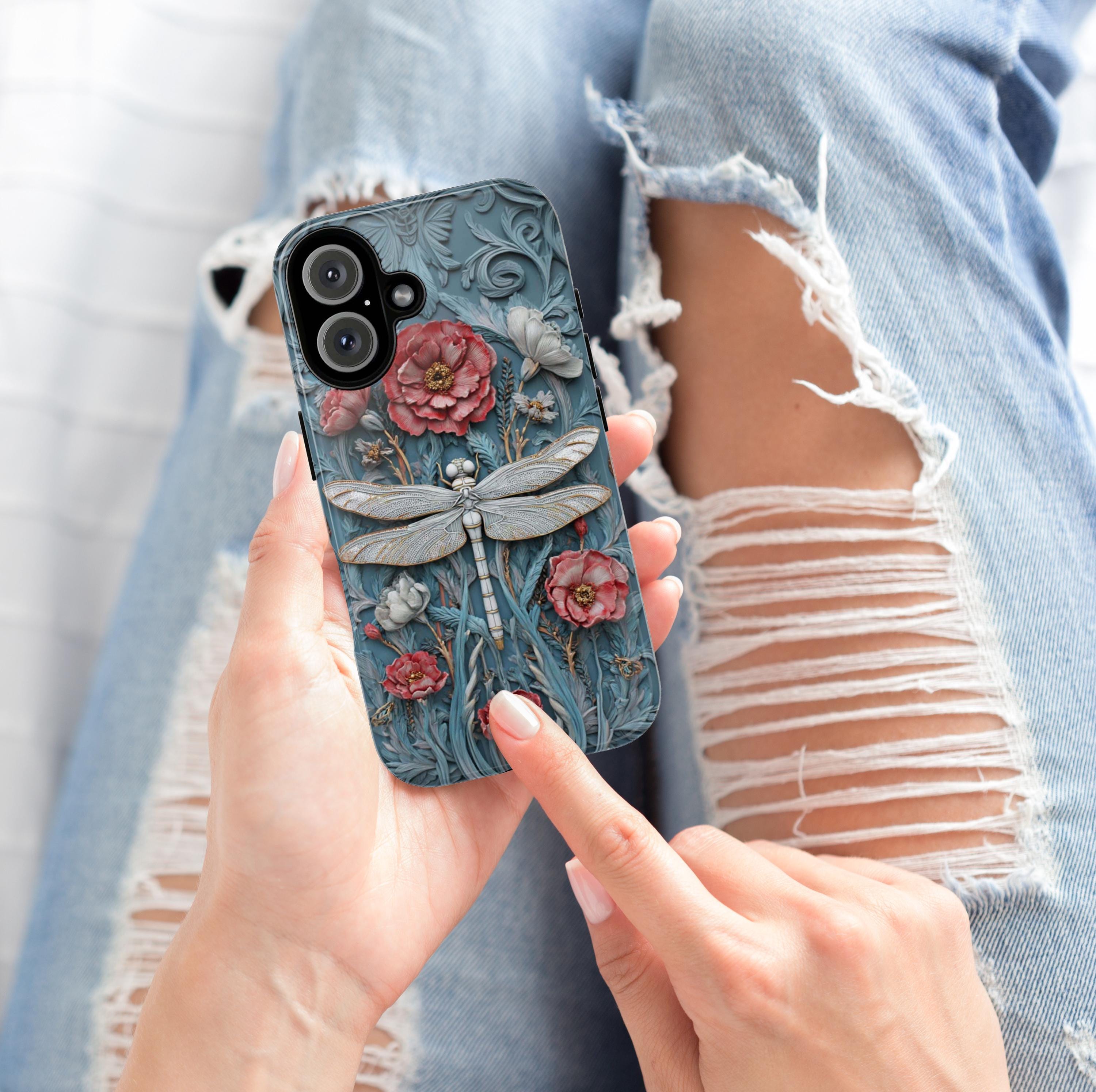 Mystical 3D Dragonfly Phone Case with Floral Design, Whimsical Boho Aesthetic Phone Cover for iPhone Magsafe or Tough Case, Samsung 476.24