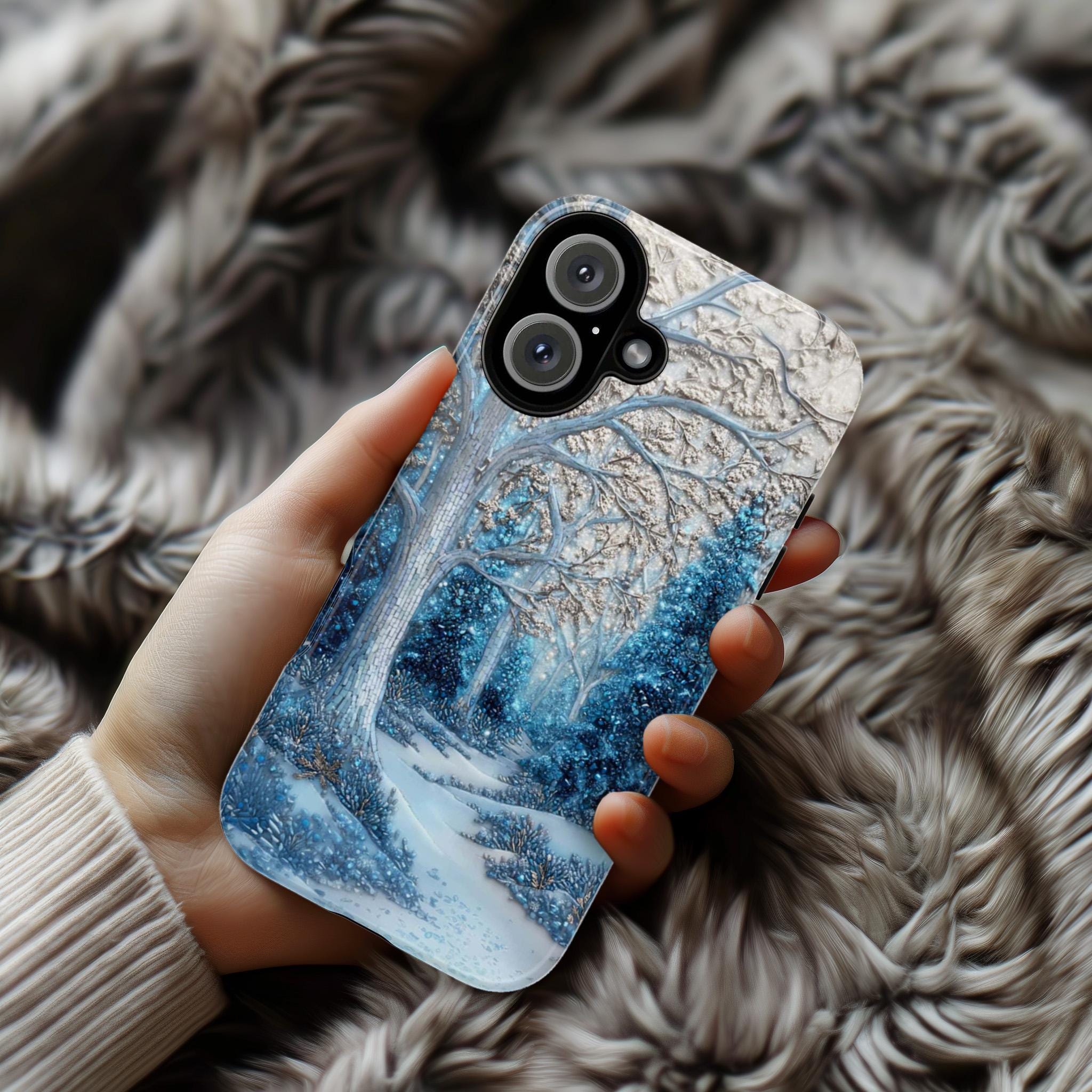 Winter Forest Phone Case,Cozy Holiday Mosaic Snowy Landscape, Frosty Woods Case for iPhone 17 16 15 Tough or Magsafe, Samsung, 481.6
