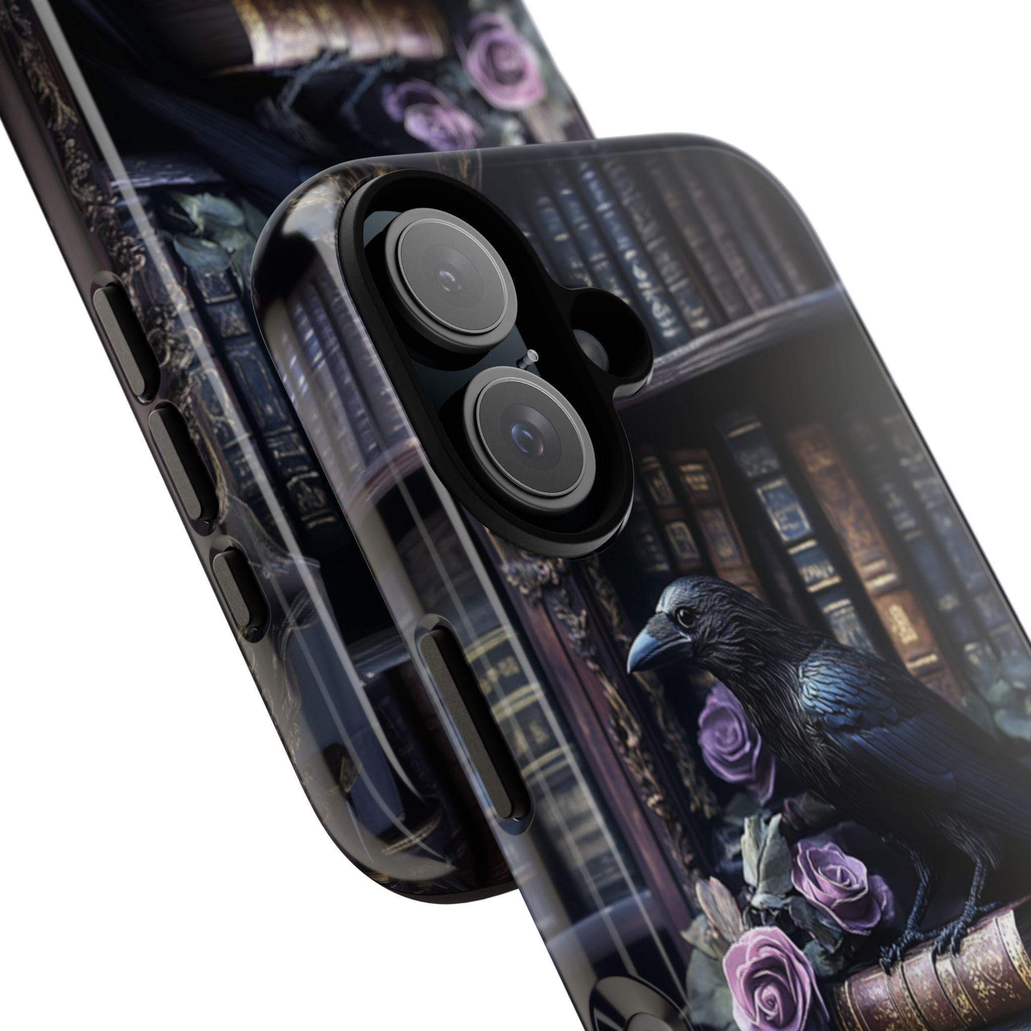Black Crow with Autumn Bookshelf and Flowers Phone Case, Gothic Dark Academia, Mystical Cat and Floral Art for iPhone 16, Samsung, 423.8