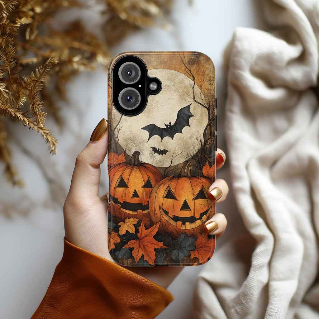 Halloween Autumn Phone Case, Pumpkins Bats & Moon, Spooky Seasonal Cover in Artistic Fall Style for iPhone Tough or Magsafe, Samsung, 475.2