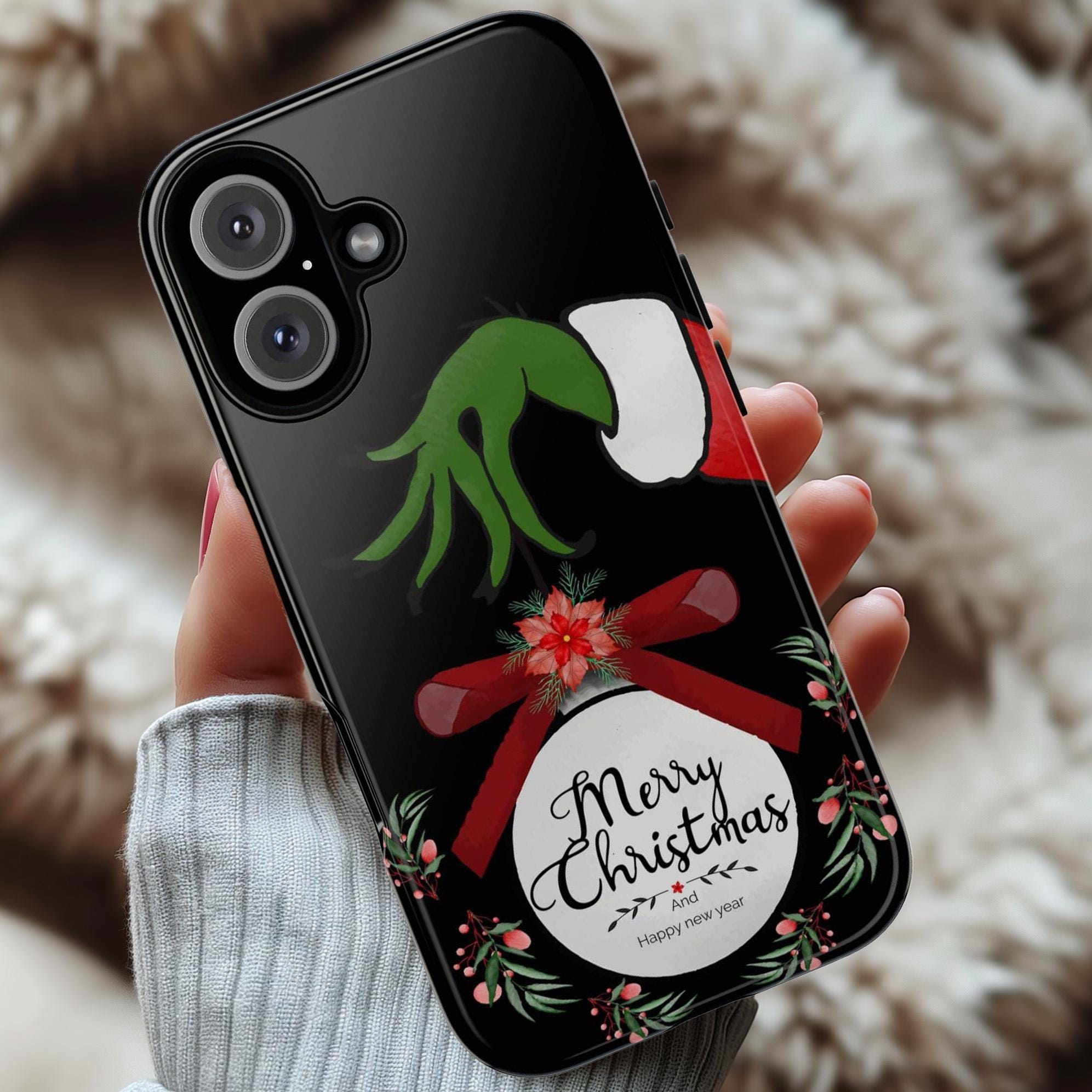 Xmas Grinch iPhone Case, Christmas Winter Phone Cover, Holidy Present for iPhone 16 15 14 13 Pro Max Magsafe / Samsung Galaxy S25, 146