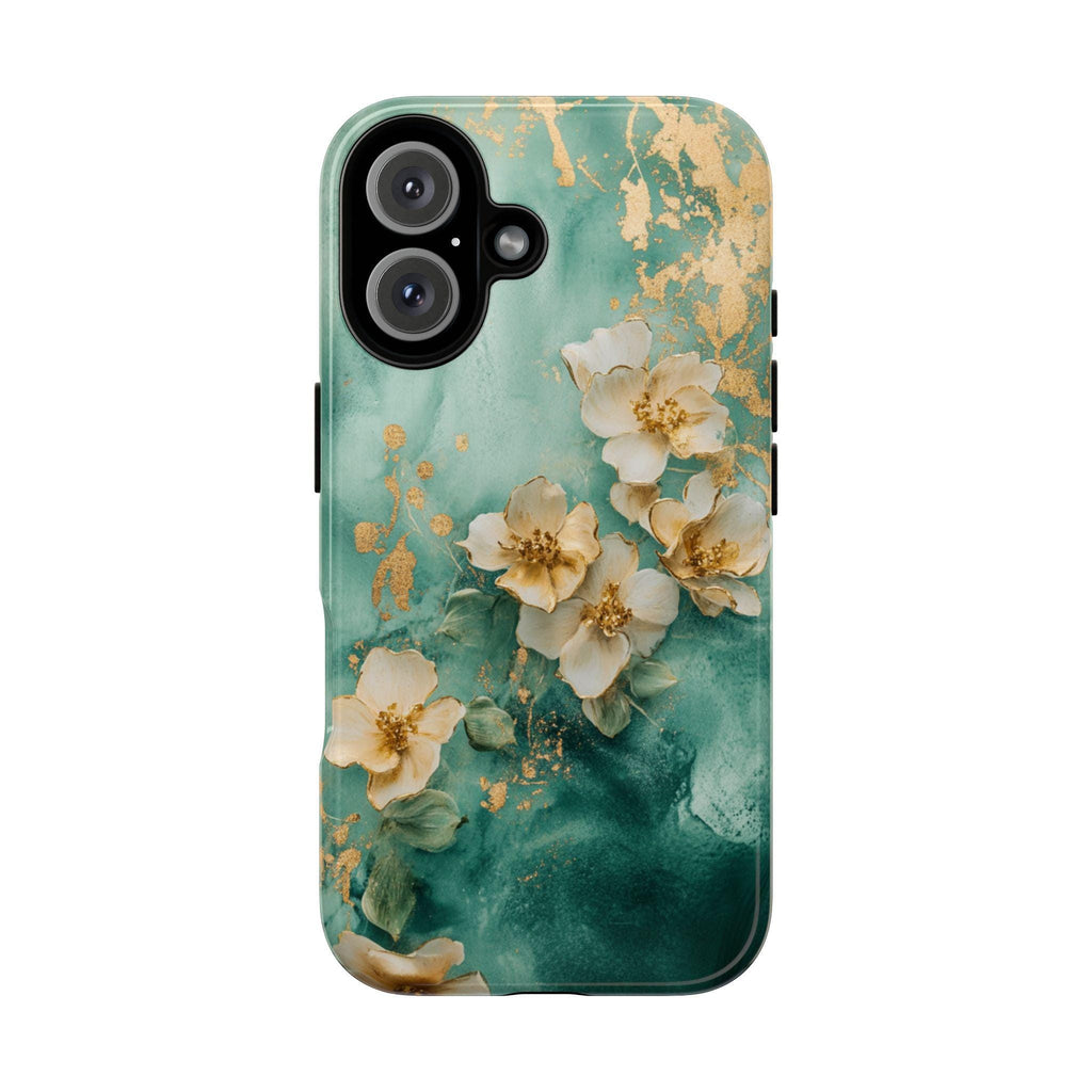 Pastel Golden Flowers Art Phone Case, Glitter Floral Design, Romantic Blossom Phone Cover for iPhone 16 15 Pro Max Plus, Samsung S24, 436.3