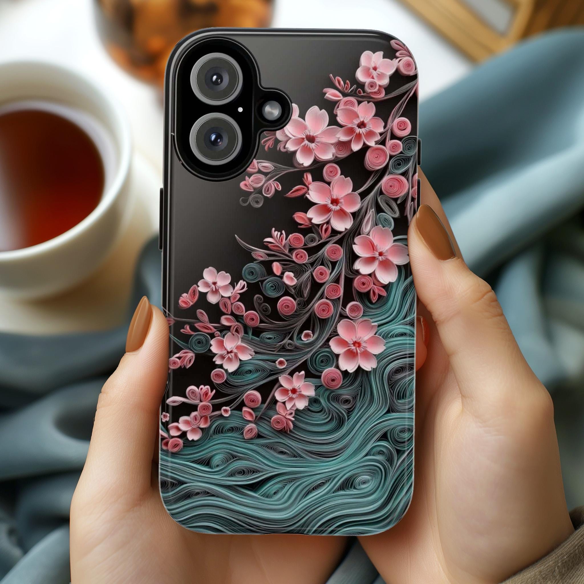 Pink Cherry Blossom Wave Phone Case, Floral Japanese Style Art, Sakura Flower for iPhone 16 15 14 Tough or Magsafe, Samsung S25, 469.9