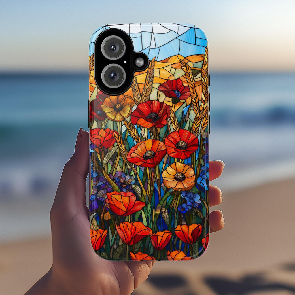 Stained Glass Poppies, CornFlowers Phone Case, Golden Wheat Field Phone Cover for iPhone 16 15 14 13 Pro Magsafe Samsung Galaxy S24, 418.21