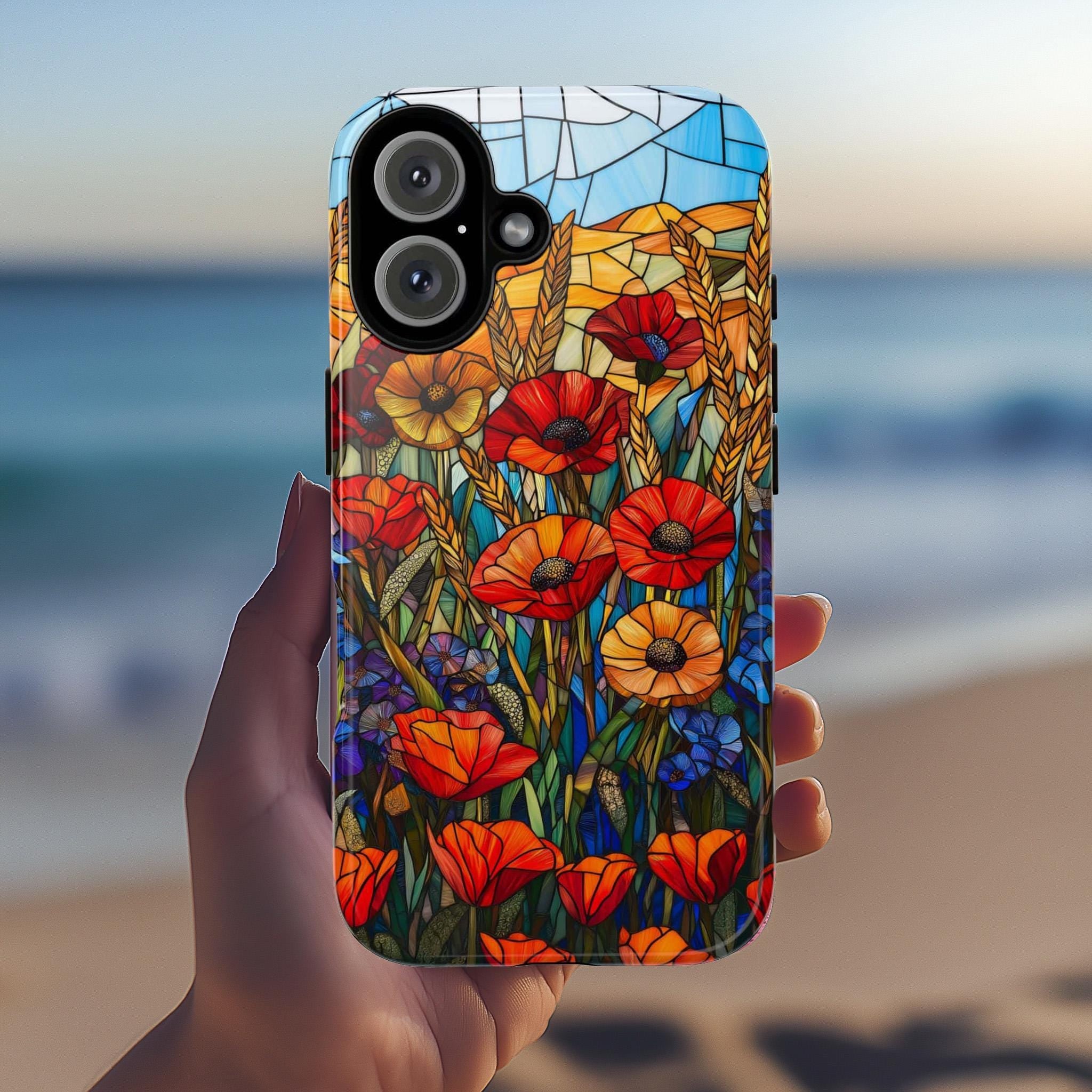 Stained Glass Poppies, CornFlowers Phone Case, Golden Wheat Field Phone Cover for iPhone 16 15 14 13 Pro Magsafe Samsung Galaxy S24, 418.21