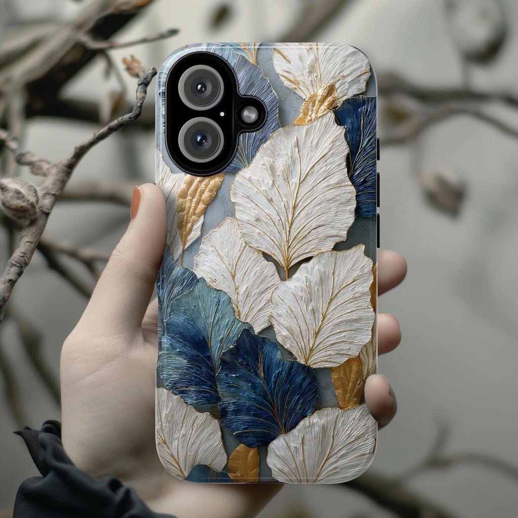 Rustic Leaves Phone Case with 3D Painted Effect, White & Blue Nature Artistic Botanical Cover for iPhone Tough or Magsafe, Samsung, 476.21