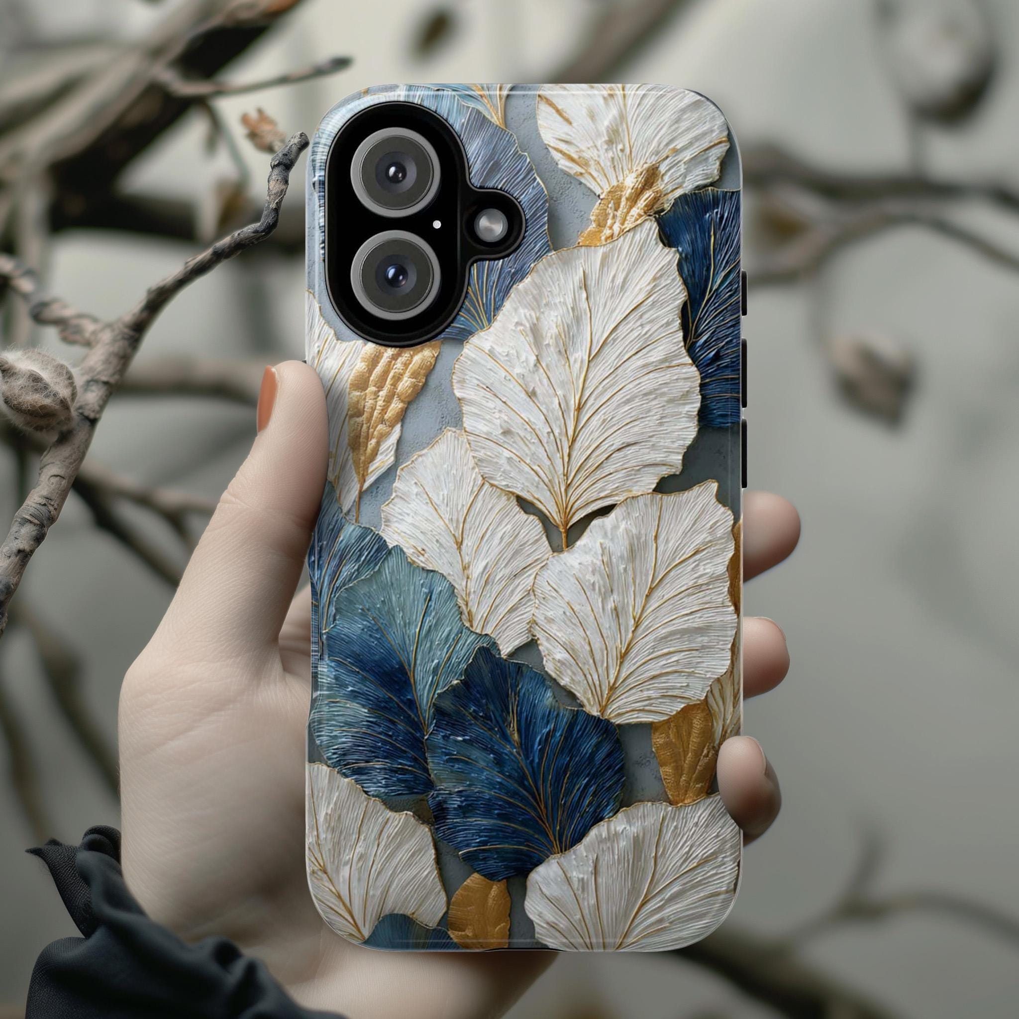 Rustic Leaves Phone Case with 3D Painted Effect, White & Blue Nature Artistic Botanical Cover for iPhone Tough or Magsafe, Samsung, 476.21