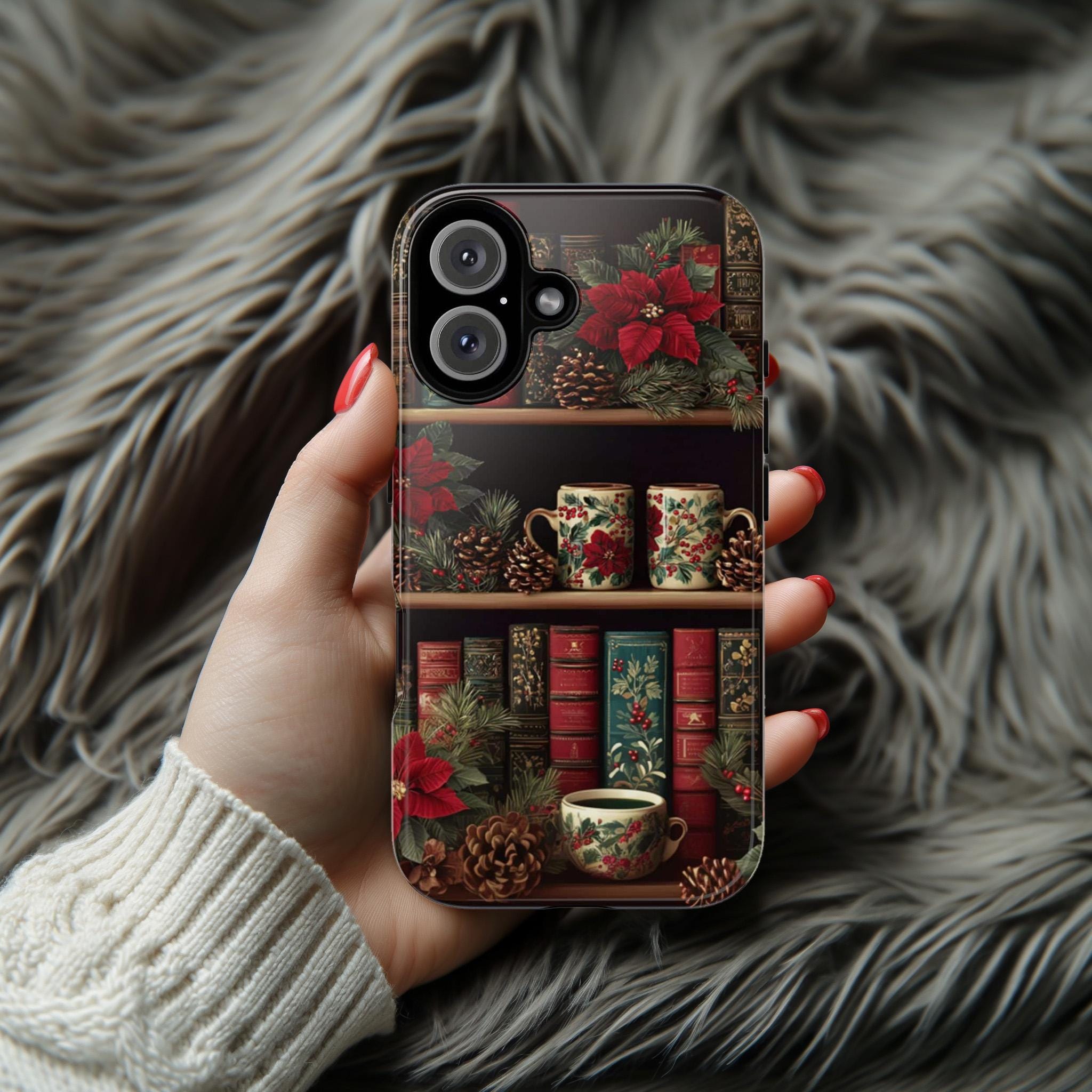 Christmas Bookshelf Phone Case, Holiday Mugs & Poinsettia Floral Cover for Tough or MagSafe for iPhone 17 16, Samsung S25, 423.34