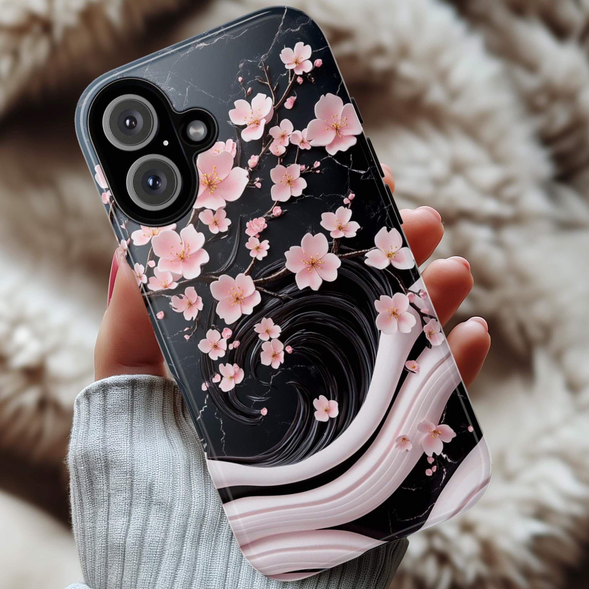 Pink Cherry Blossom 3D Elegant Phone Case, Black Pink Japanese Art Cover, Floral Sakura Case for iPhone 16 15 14 Magsafe, Samsung S25, 469.5