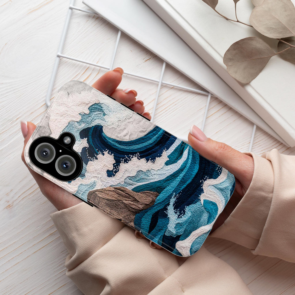 Ocean Waves Embroidery 3D Phone Case, Cozy Marine Life Design, Fine Art Aesthetic Phone Case for iPhone 16 15 14 13 / Samsung S24, 453.5