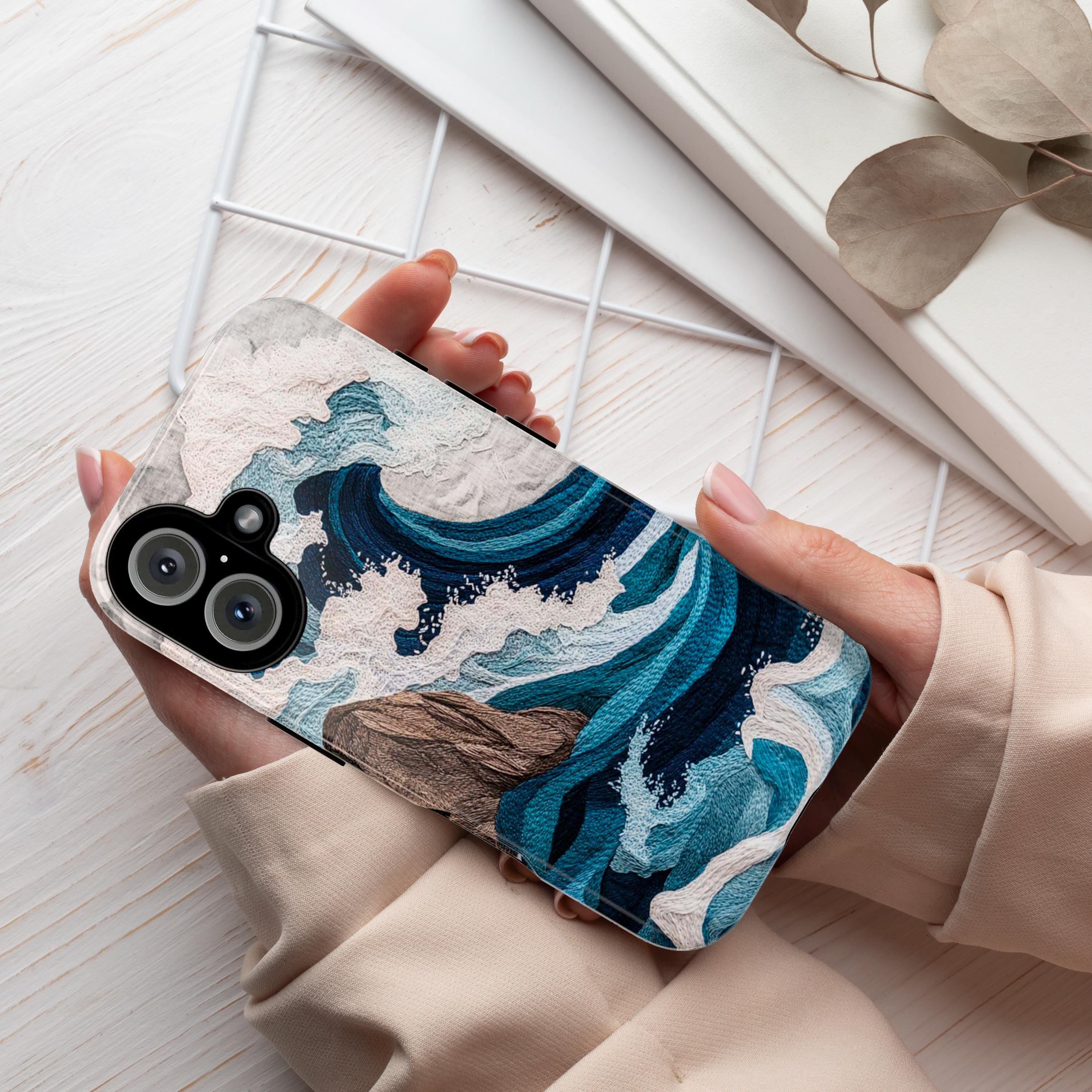 Ocean Waves Embroidery 3D Phone Case, Cozy Marine Life Design, Fine Art Aesthetic Phone Case for iPhone 16 15 14 13 / Samsung S24, 453.5