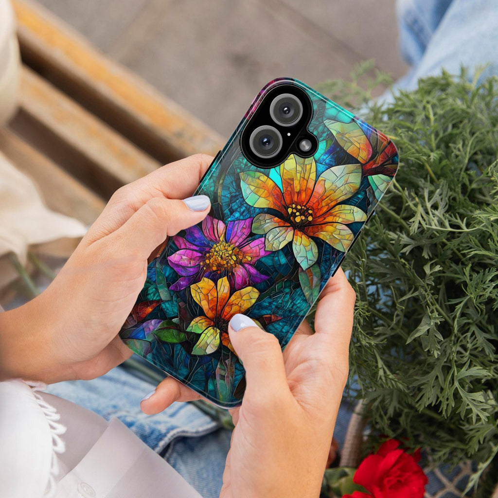 Stained Glass Phone Case with Colorful Flowers, Artistic Protective Cover for iPhone iPhone 16, 15, 14, 13 Magsafe & Samsung, Pixel, 418.23