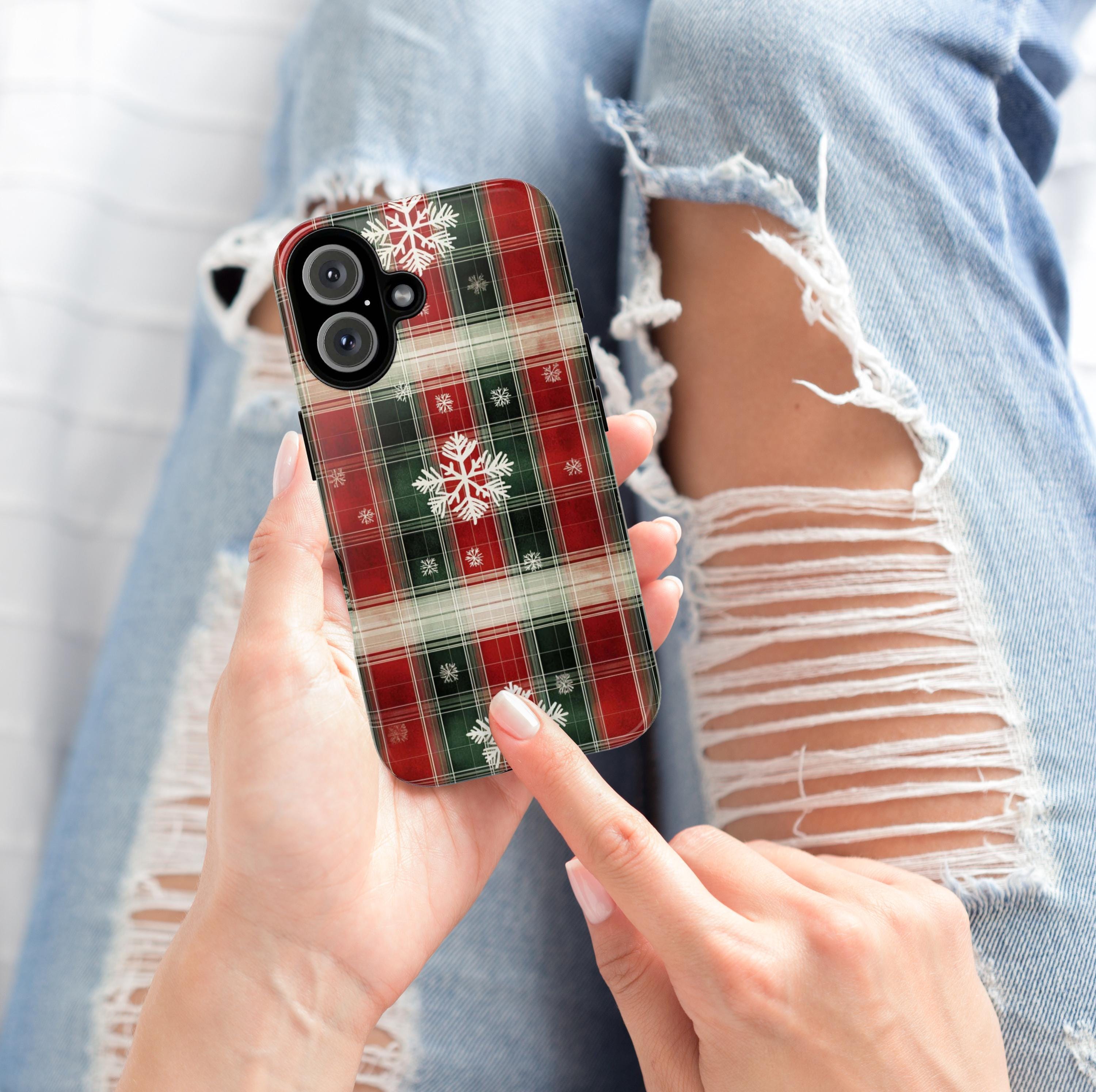 Cozy Christmas Plaid Phone Case, Festive Xmas Holiday Snowy Phone Cover for iPhone 15 14 13 Pro Max Plus, Magsafe, Galasy S25, 426.1