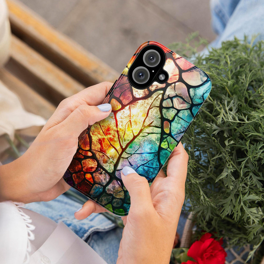 Stained Glass Rainbow Leaf Phone Case, Artistic Colorful Leaf Cover for iPhone iPhone 16, 15, 14, 13 Magsafe & Samsung, Pixel, 418.22