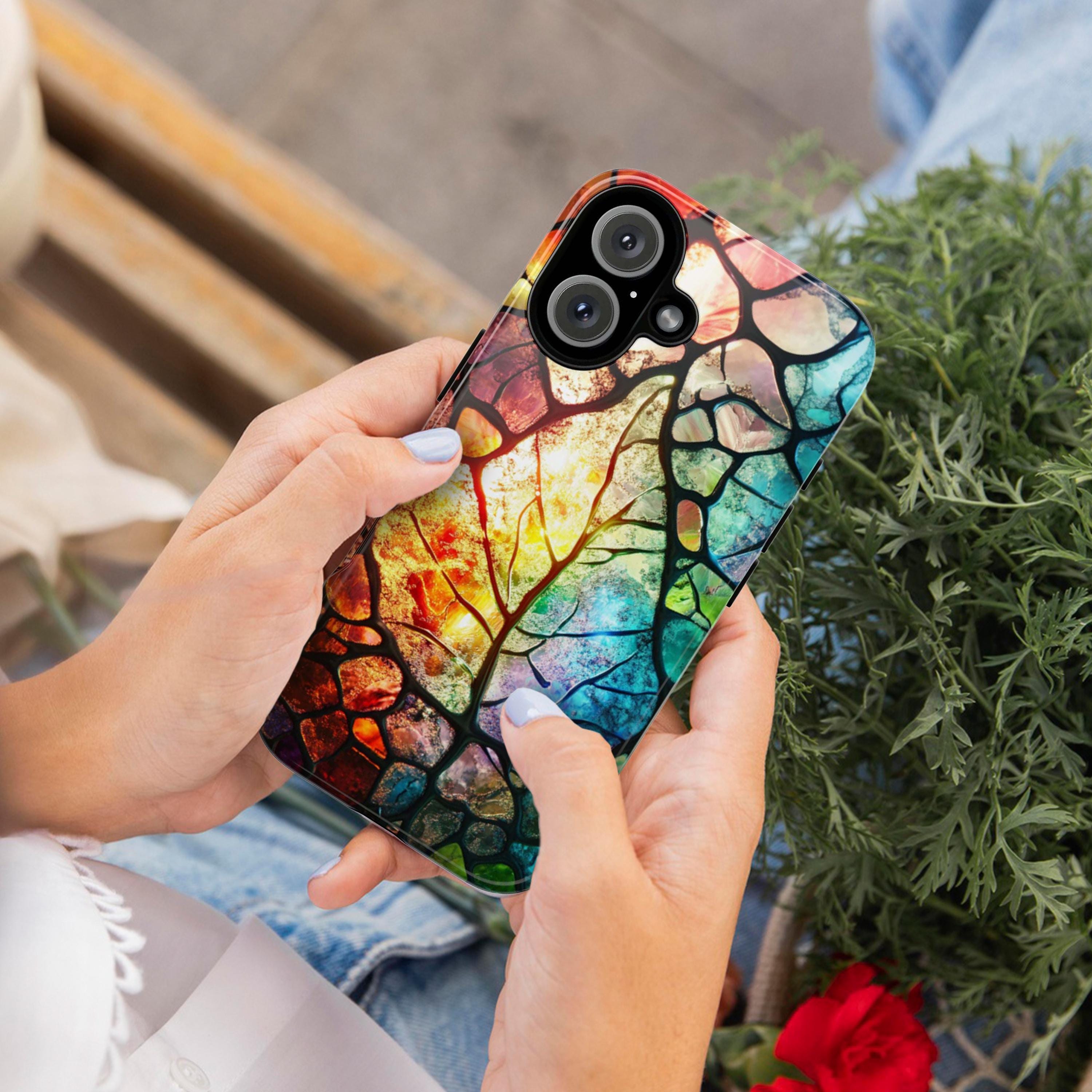 Stained Glass Rainbow Leaf Phone Case, Artistic Colorful Leaf Cover for iPhone iPhone 16, 15, 14, 13 Magsafe & Samsung, Pixel, 418.22