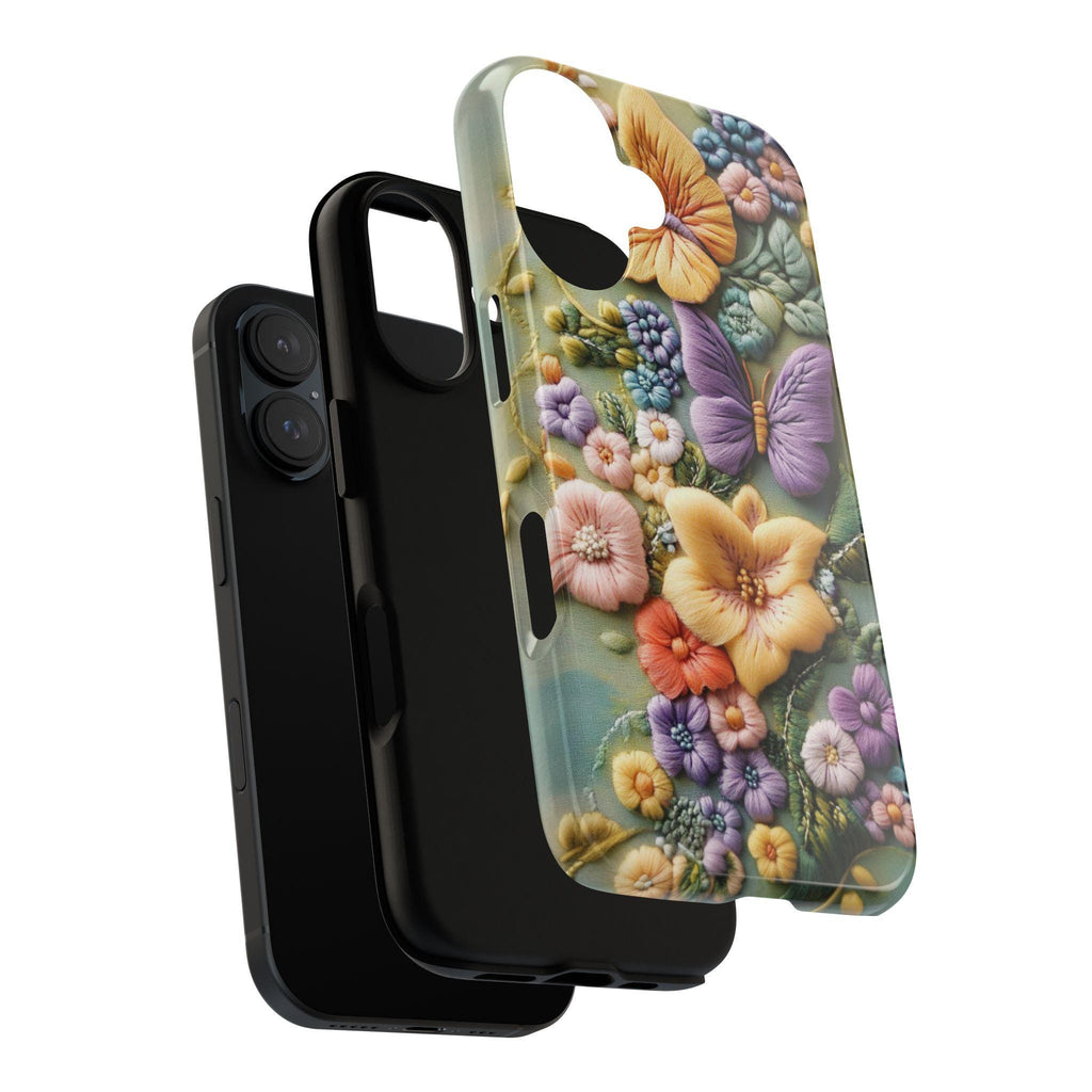 3D Embroidered effect Floral Phone Case, Botanical Flower & Butterfly Art Case for Nature Lovers iPhone Tough or Magsafe, Samsung, 452.12