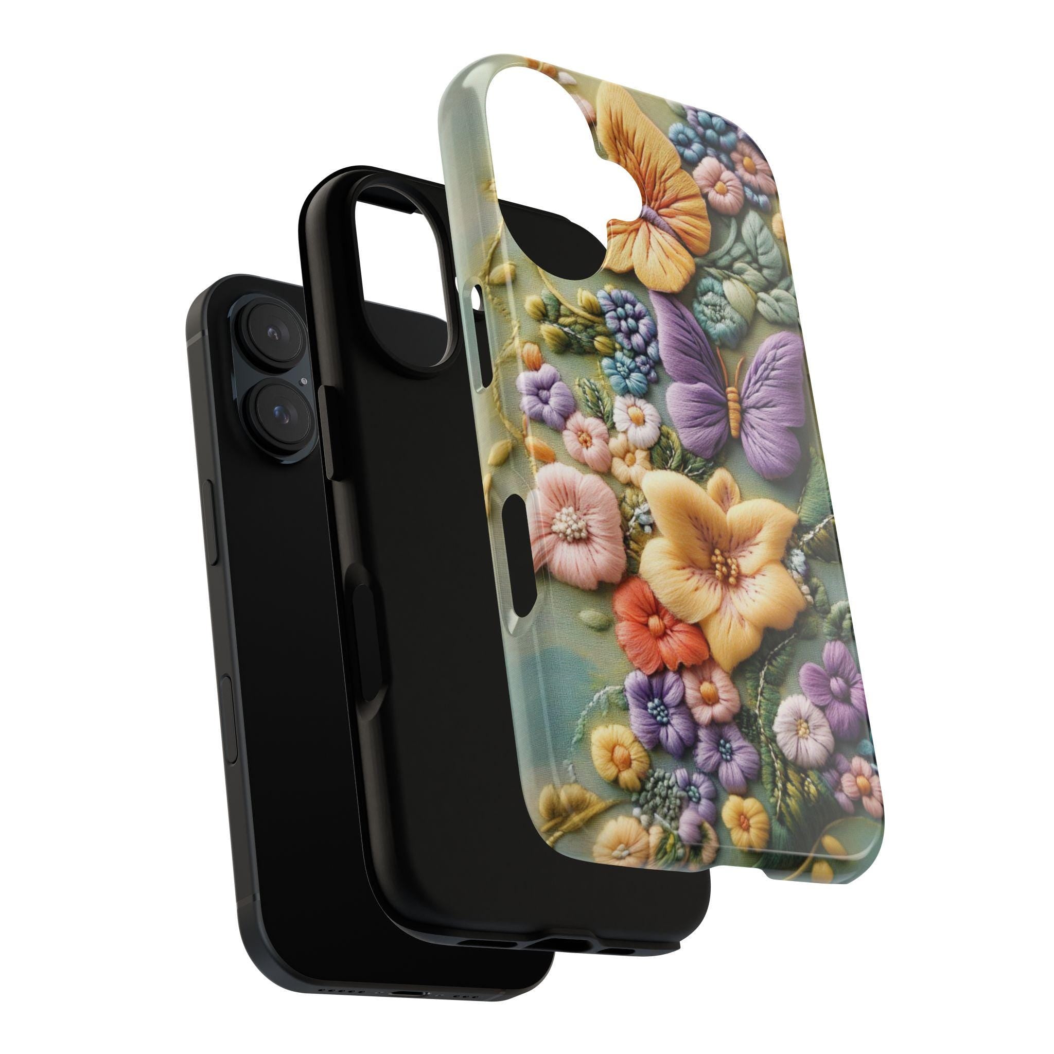 3D Embroidered effect Floral Phone Case, Botanical Flower & Butterfly Art Case for Nature Lovers iPhone Tough or Magsafe, Samsung, 452.12