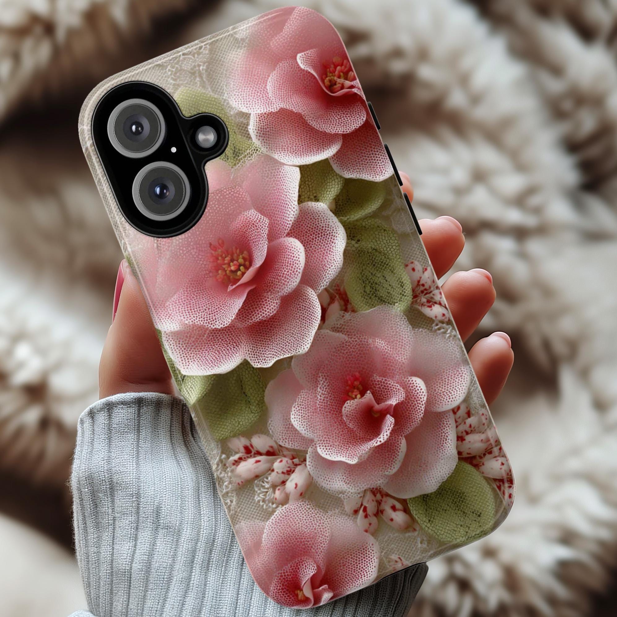 3D Pink Rose Phone Case with Lace Detail, Rustic Charm Floral Design, Romantic Vintage Protective Cover for iPhone & Samsung, 476.19